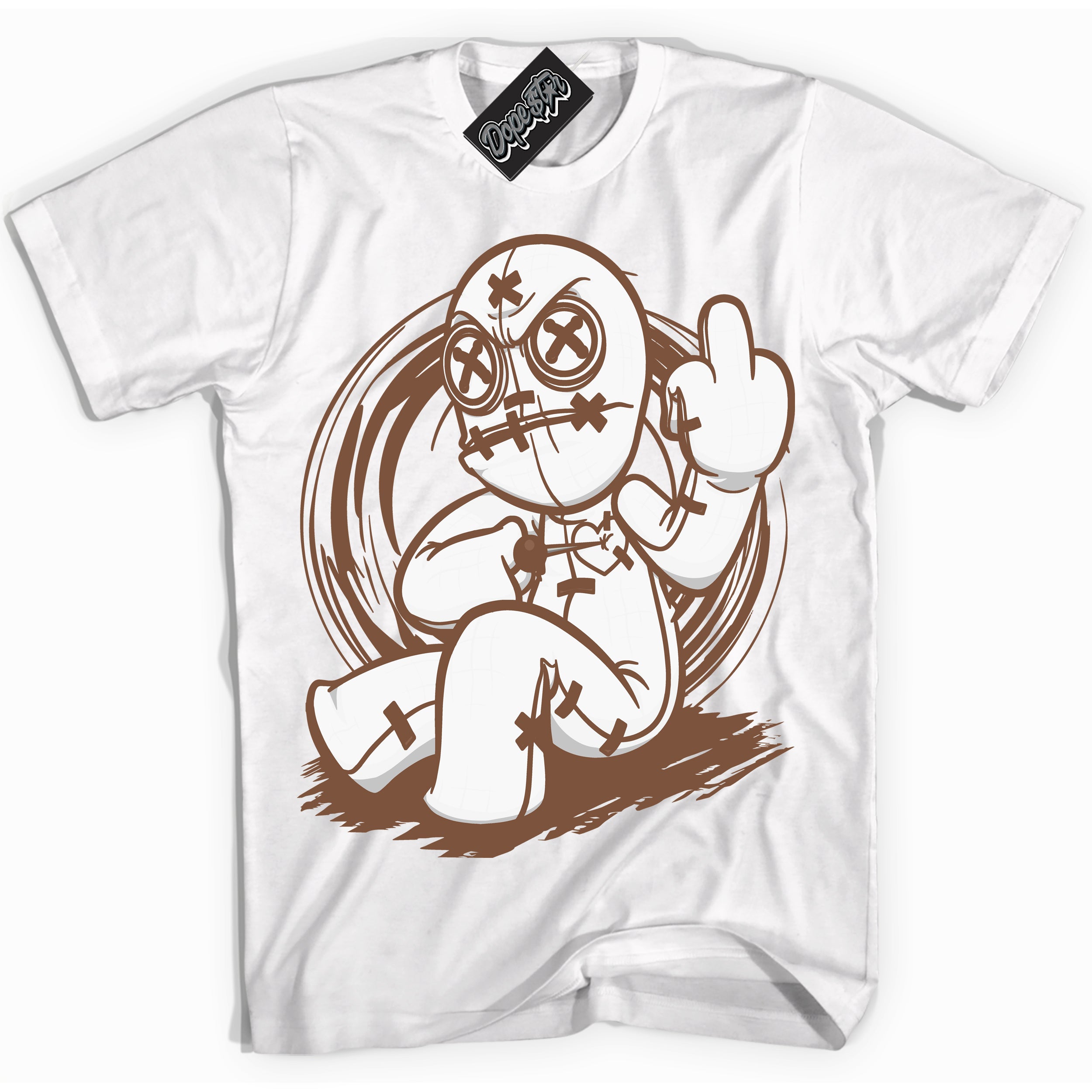 AJ1 Low Archaeo Brown White 'Voodoo Doll' Shirt - White Streetwear Mockup | Sneakerhead T-shirt Matching Archaeo Brown White AJ1 Lows | Limited Edition Jordan 1 Low Archaeo Brown White Shirt for Men & Women | Drip with Your Archaeo Brown White 1s Kicks | Sneakerhead Fashion Must-Have.