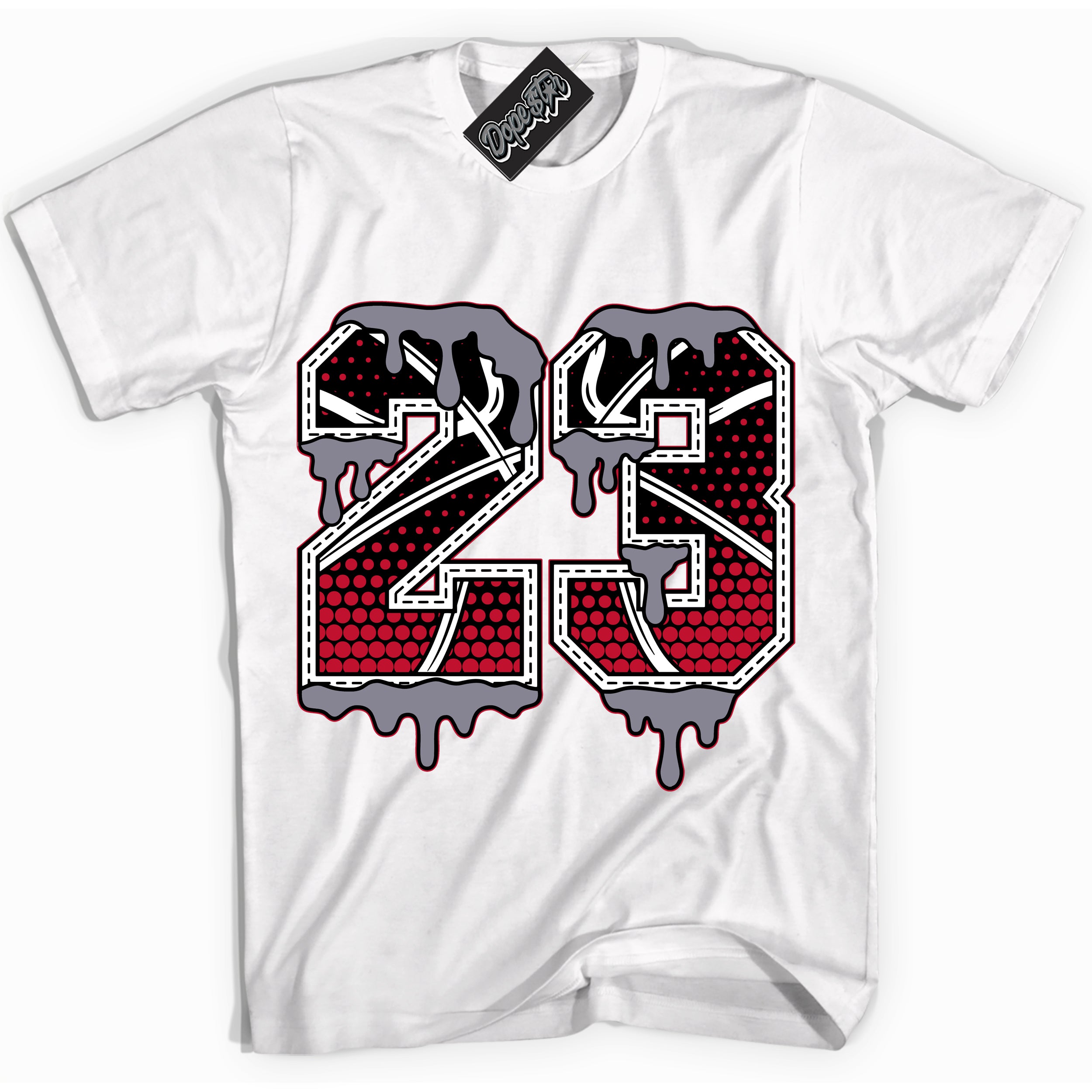 Cool White Shirt with “ 23 Ball ” design that perfectly matches Cement Grey Fire Red 1s Sneakers.