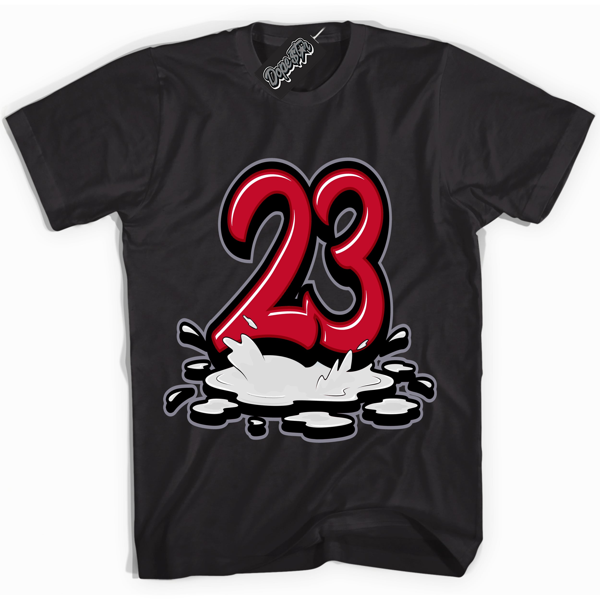 Cool Black Shirt with “ 23 Melting ” design that perfectly matches Cement Grey Fire Red 1s Sneakers.