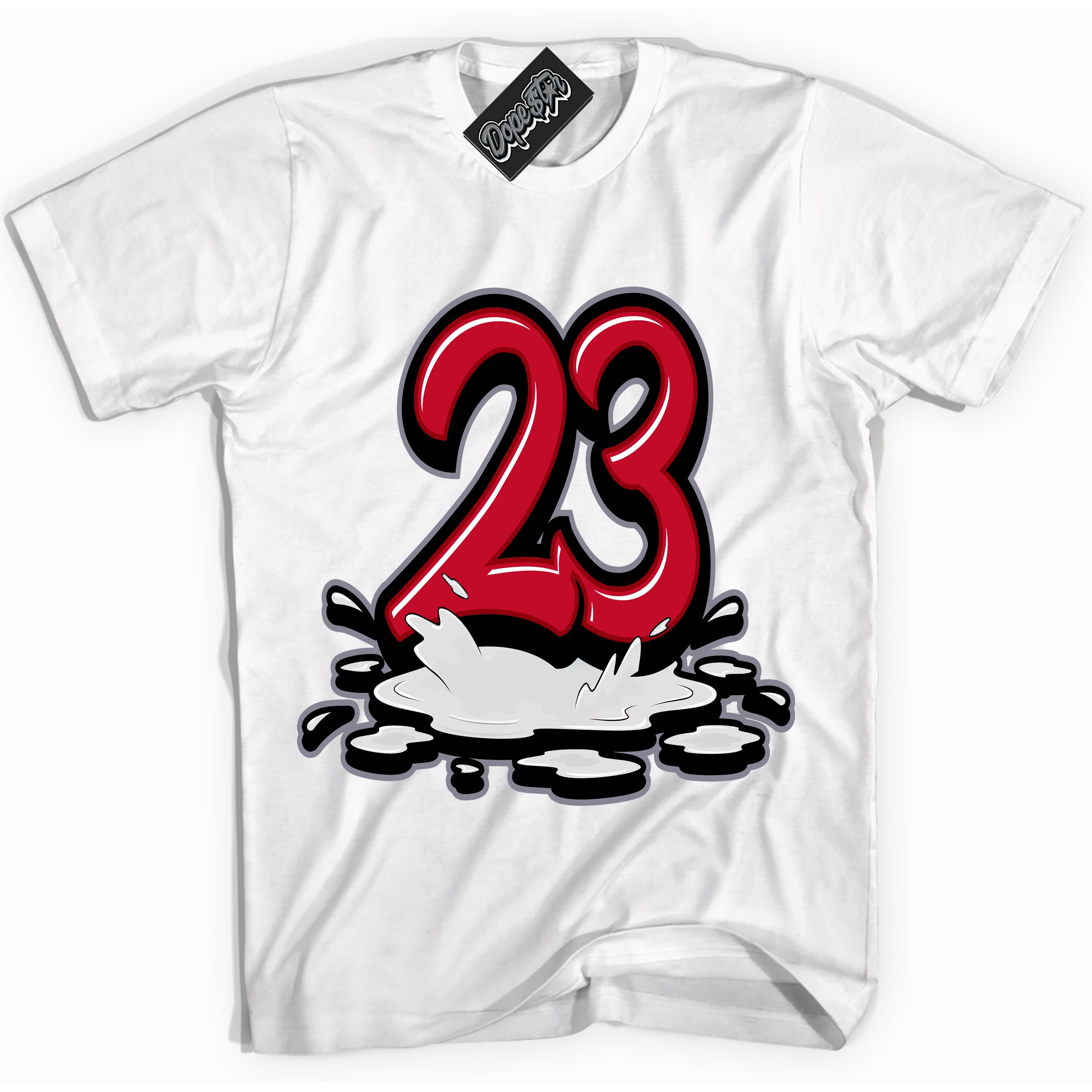 Cool White Shirt with “ 23 Melting ” design that perfectly matches Cement Grey Fire Red 1s Sneakers.