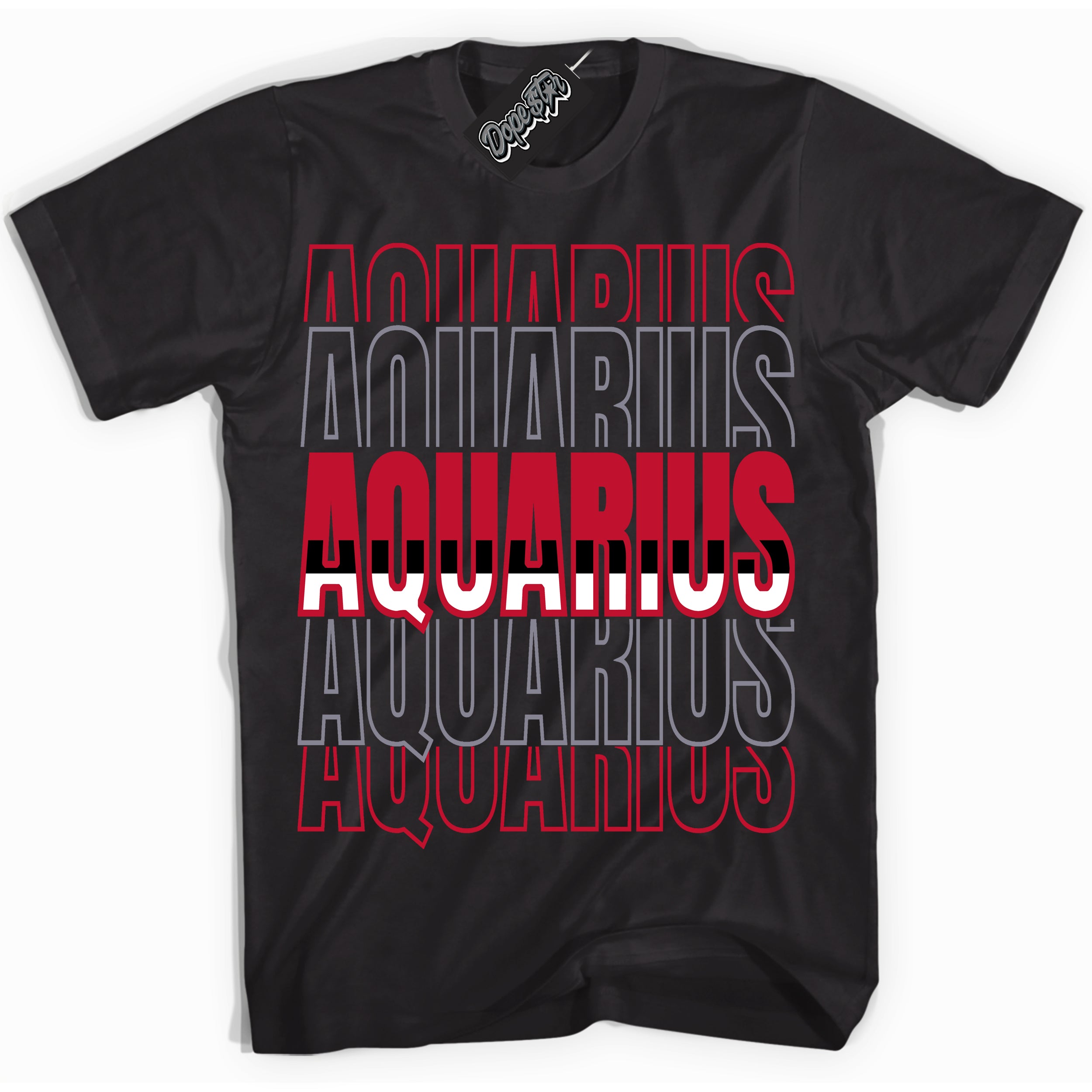 Cool Black Shirt with “ Aquarius ” design that perfectly matches Cement Grey Fire Red 1s Sneakers.