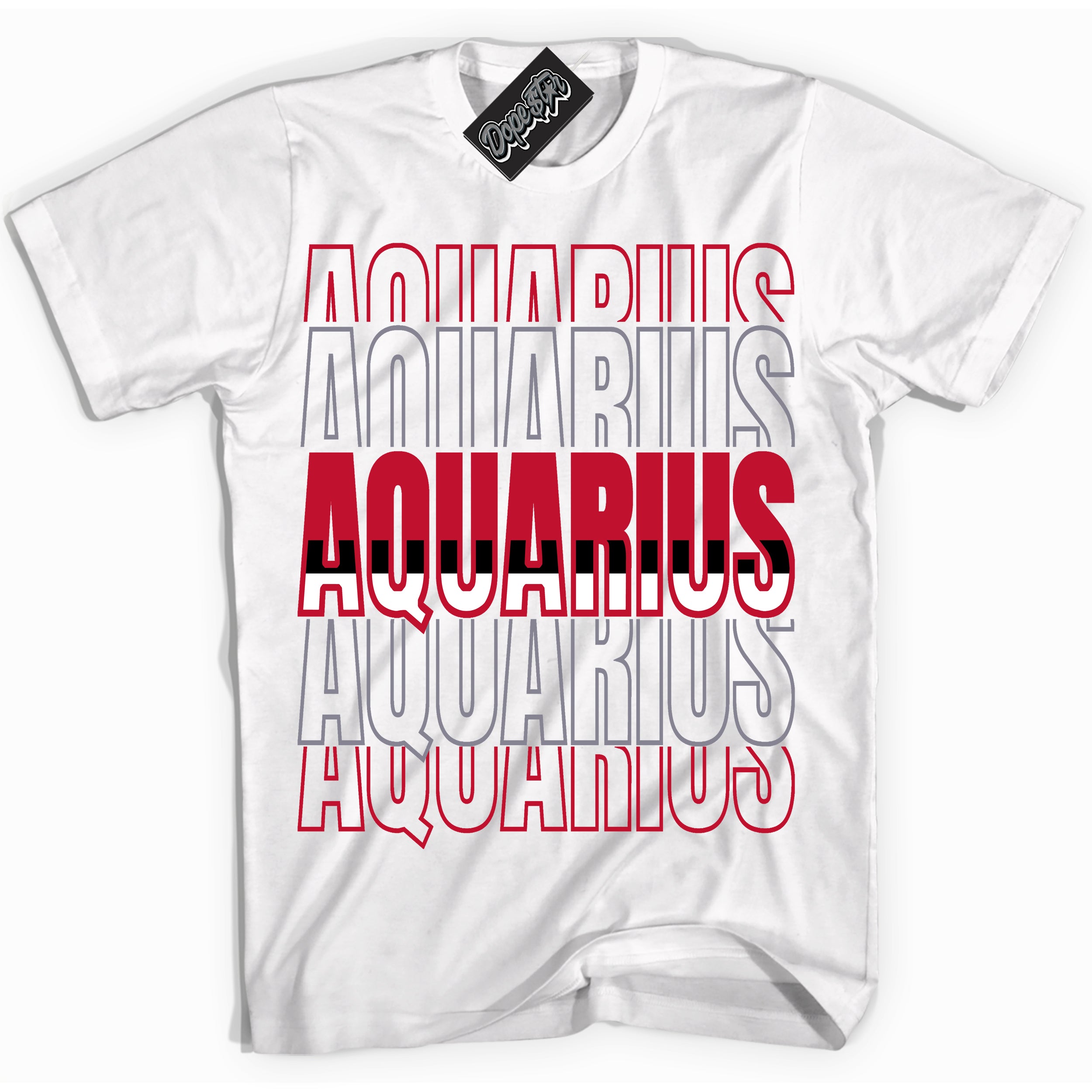 Cool White Shirt with “ Aquarius ” design that perfectly matches Cement Grey Fire Red 1s Sneakers.