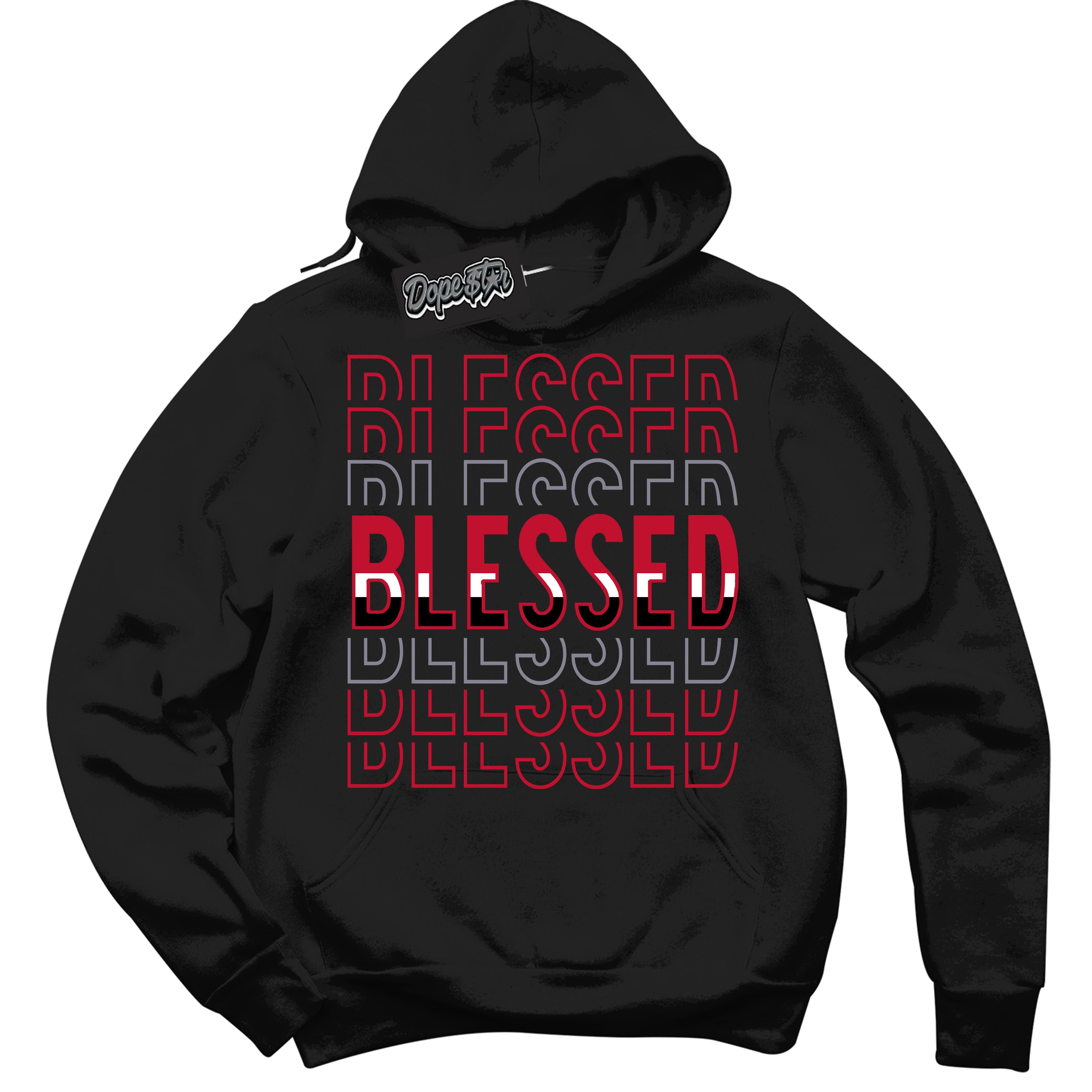 Cool Black Hoodie with “ Blessed Stacked '' design that Perfectly Matches  Cement Grey Fire Red 1s Sneakers.