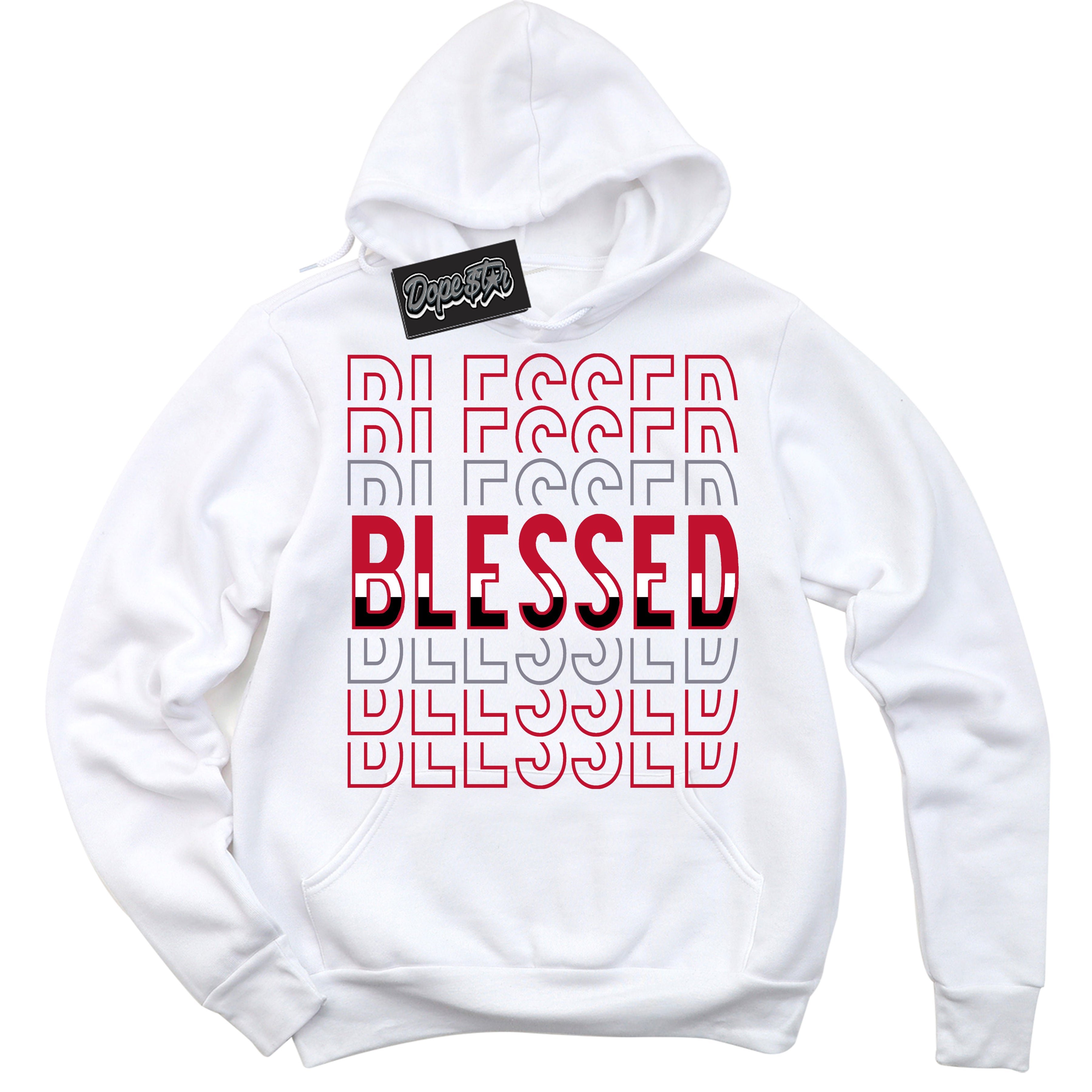 Cool White Hoodie with “ Blessed Stacked '' design that Perfectly Matches  Cement Grey Fire Red 1s Sneakers.