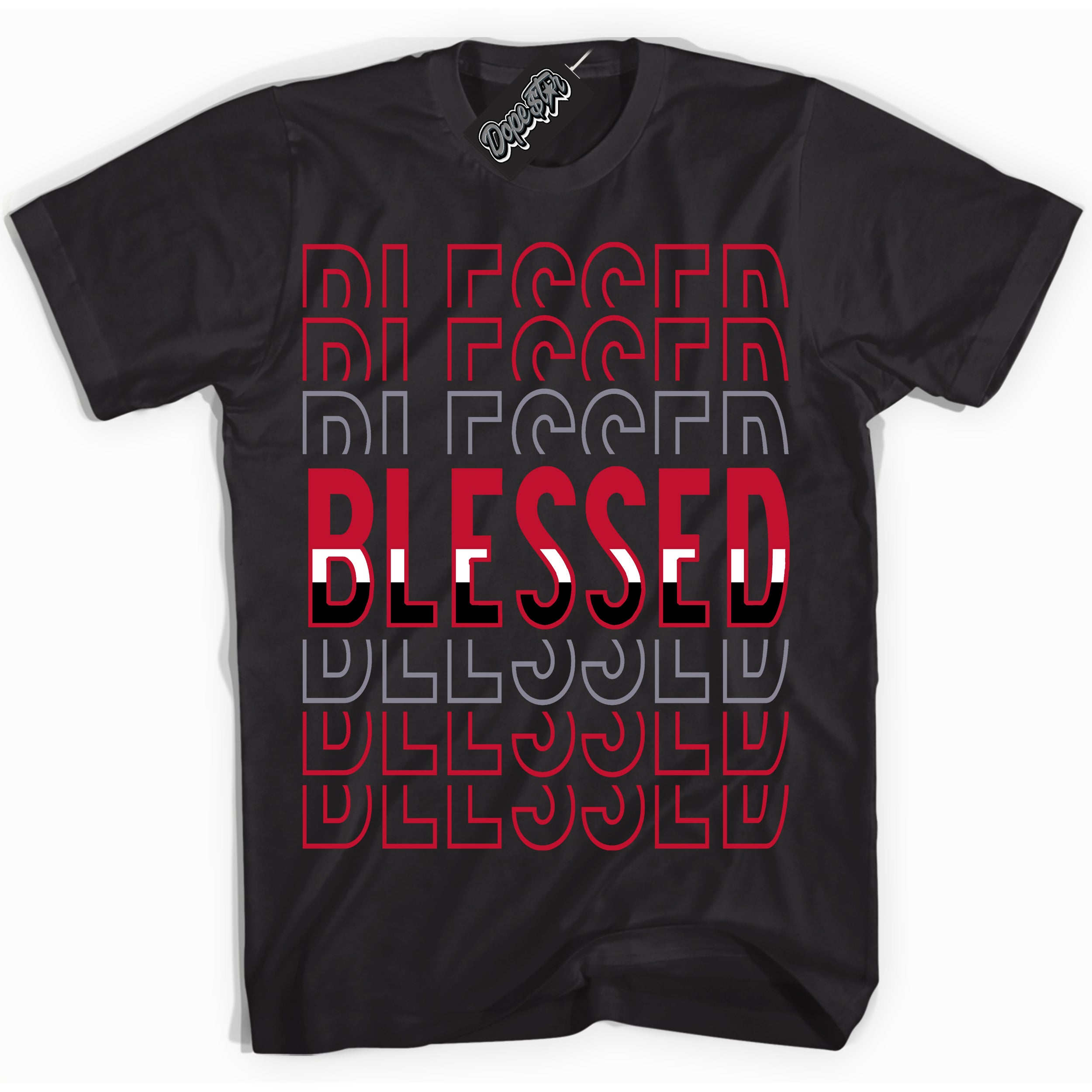 Cool Black Shirt with “ Blessed Stacked ” design that perfectly matches Cement Grey Fire Red 1s Sneakers.