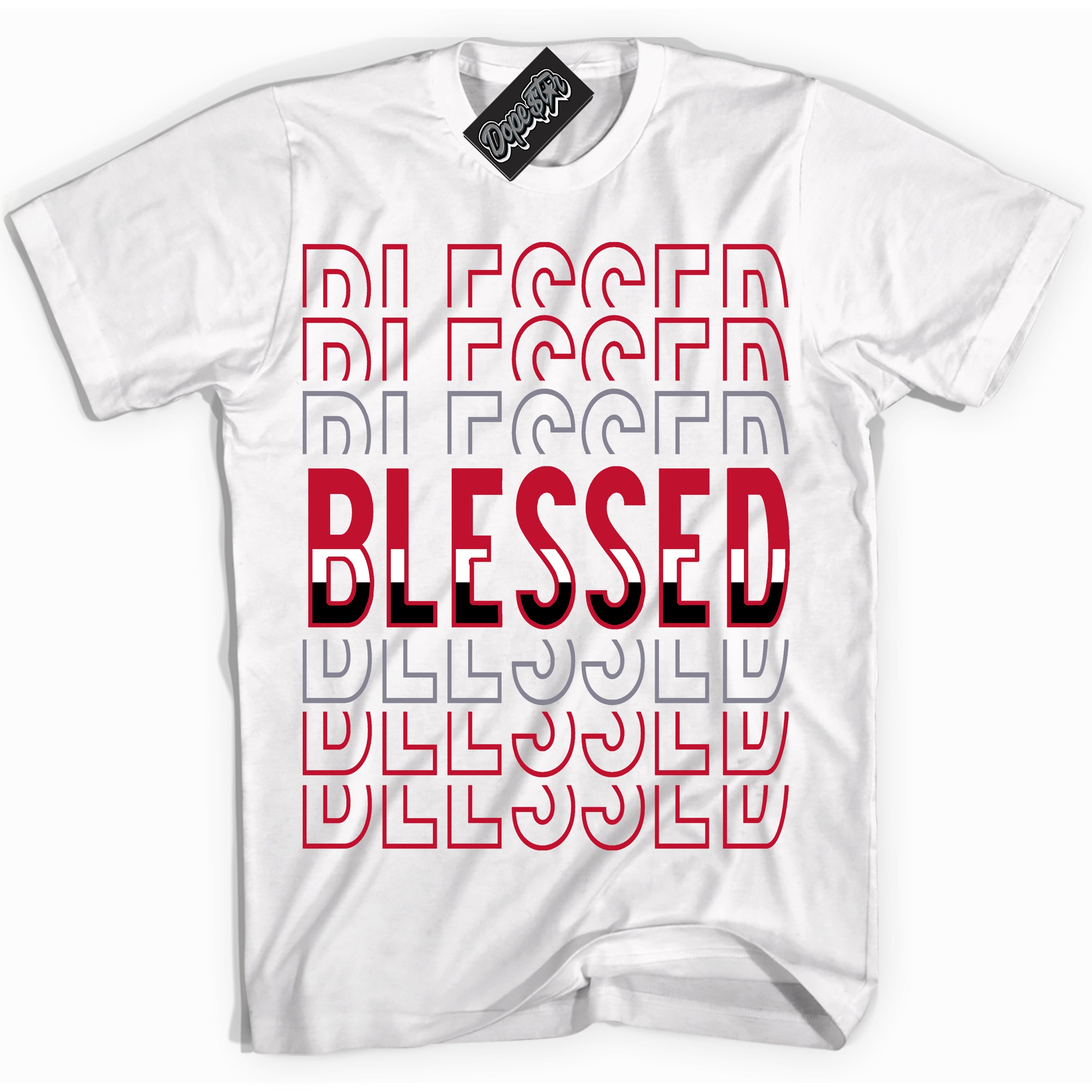 Cool White Shirt with “ Blessed Stacked ” design that perfectly matches Cement Grey Fire Red 1s Sneakers.