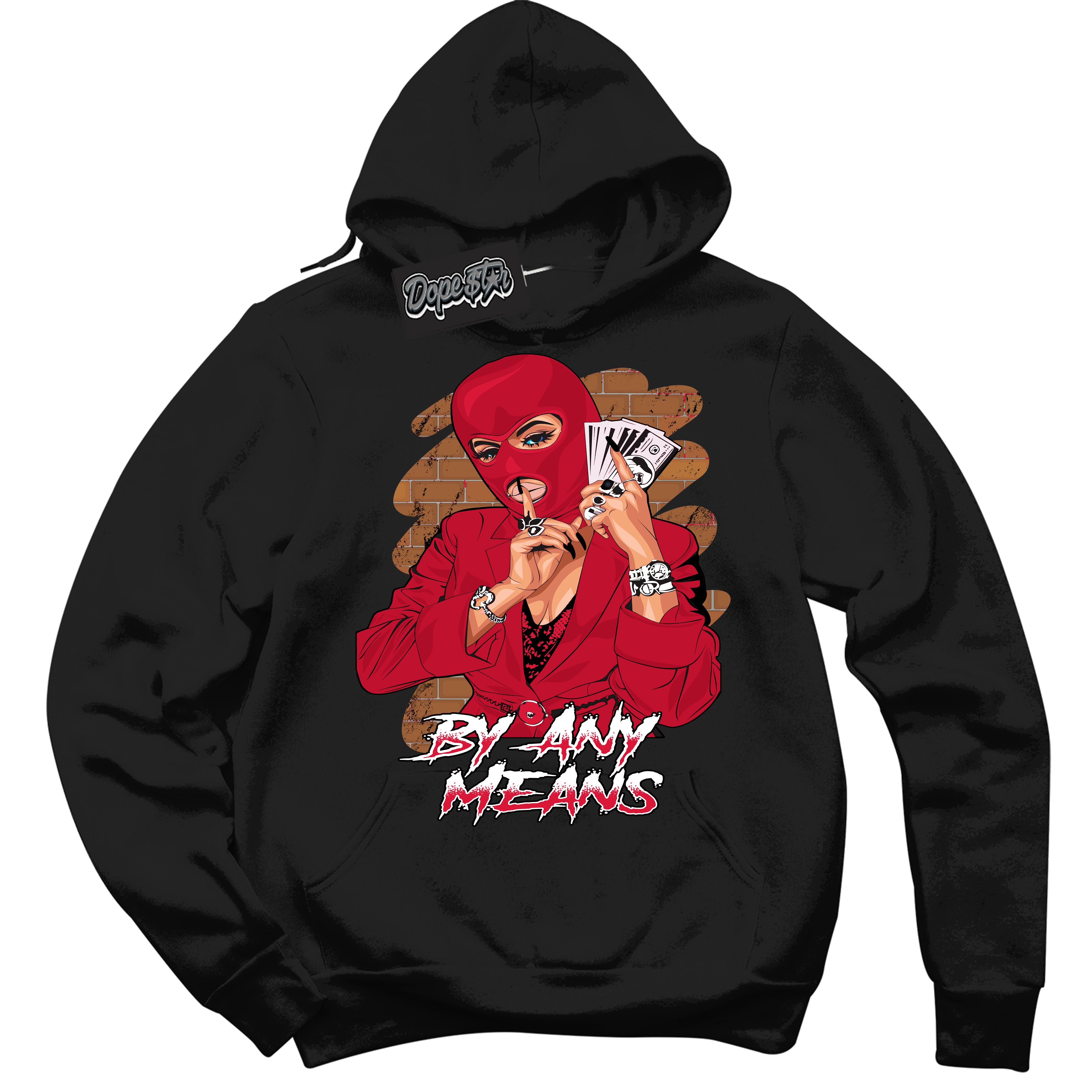 Cool Black Hoodie with “ By Any Means '' design that Perfectly Matches  Cement Grey Fire Red 1s Sneakers.