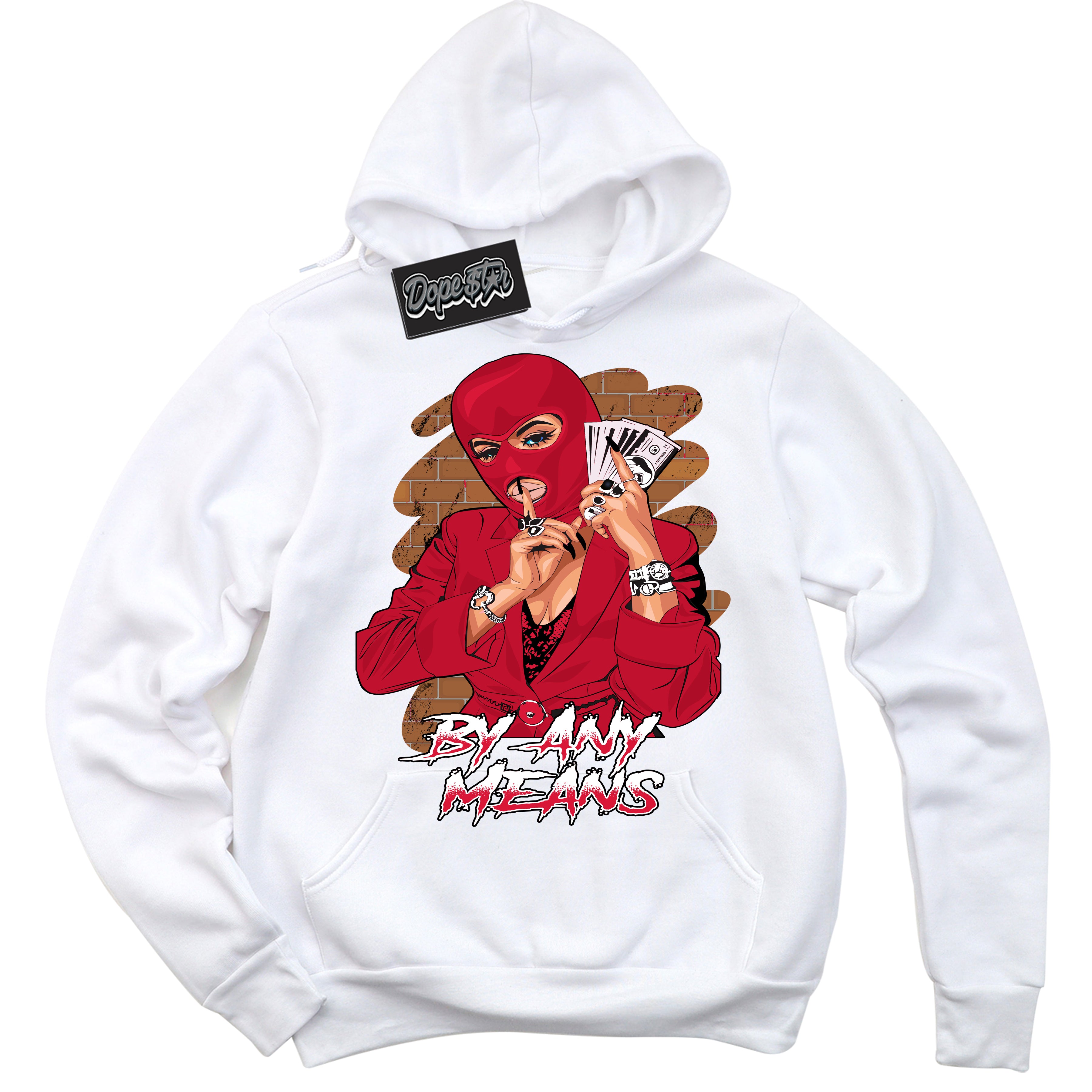 Cool White Hoodie with “ By Any Means '' design that Perfectly Matches  Cement Grey Fire Red 1s Sneakers.