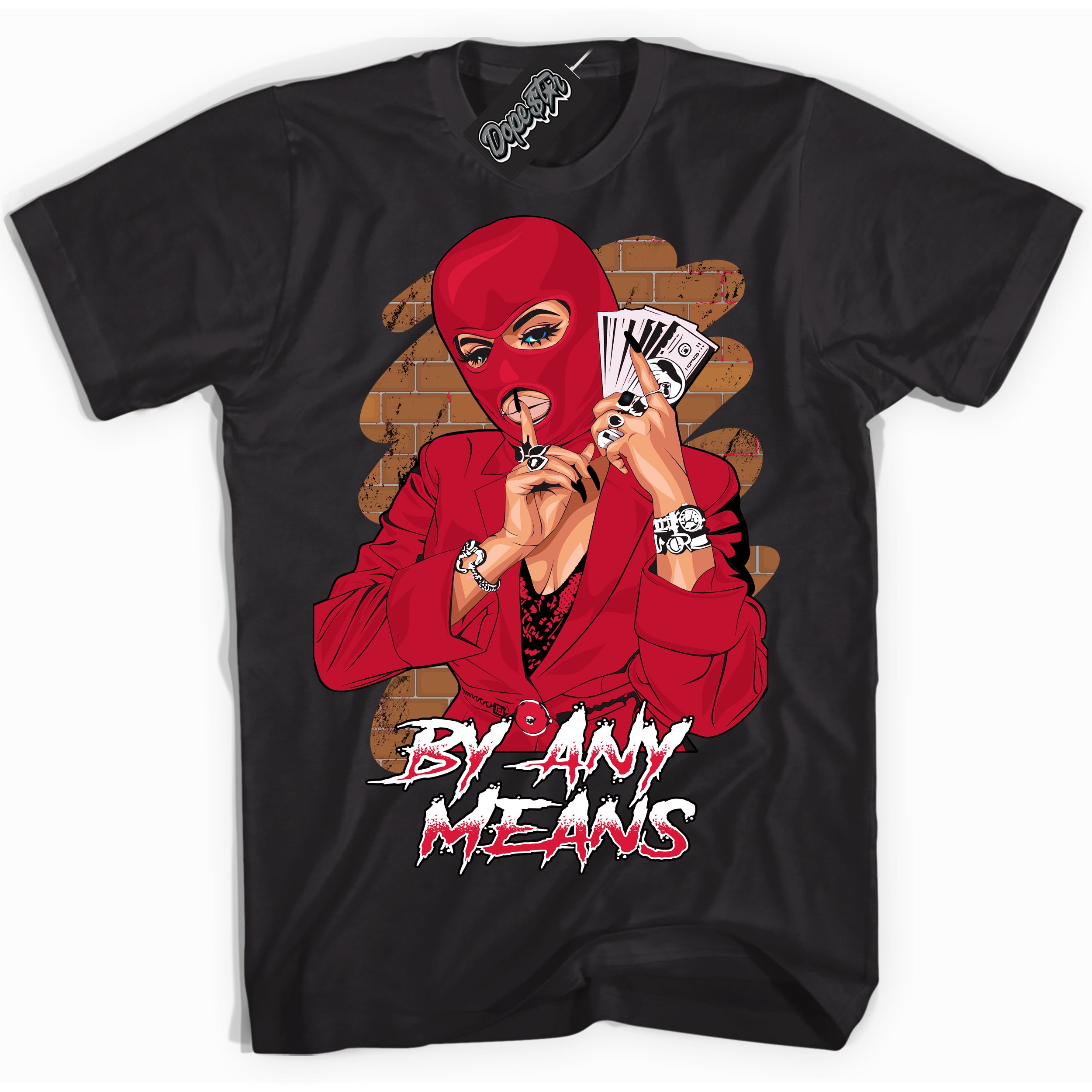 Cool Black Shirt with “ By Any Means ” design that perfectly matches Cement Grey Fire Red 1s Sneakers.