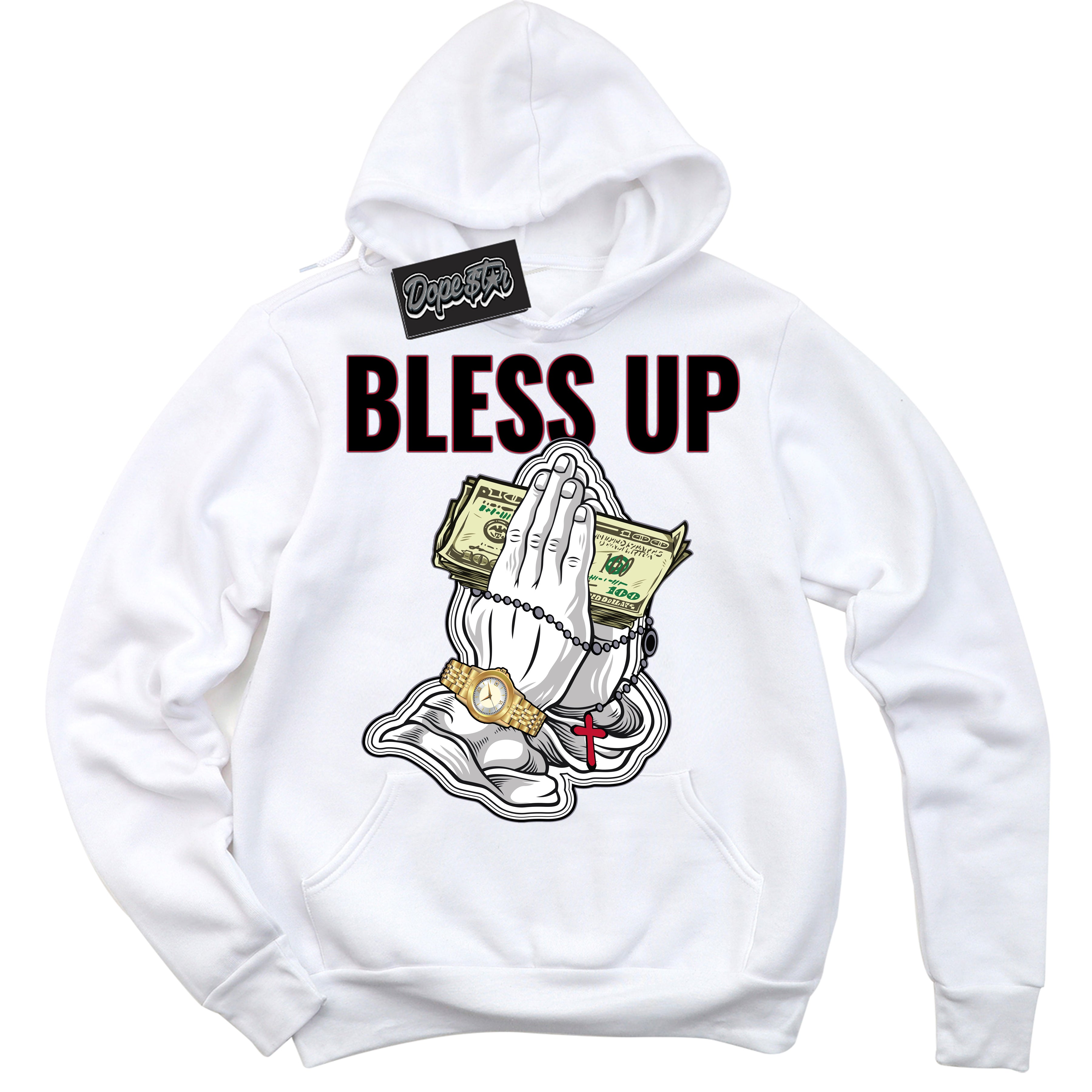 Cool White Hoodie with “ Bless Up '' design that Perfectly Matches  Cement Grey Fire Red 1s Sneakers.