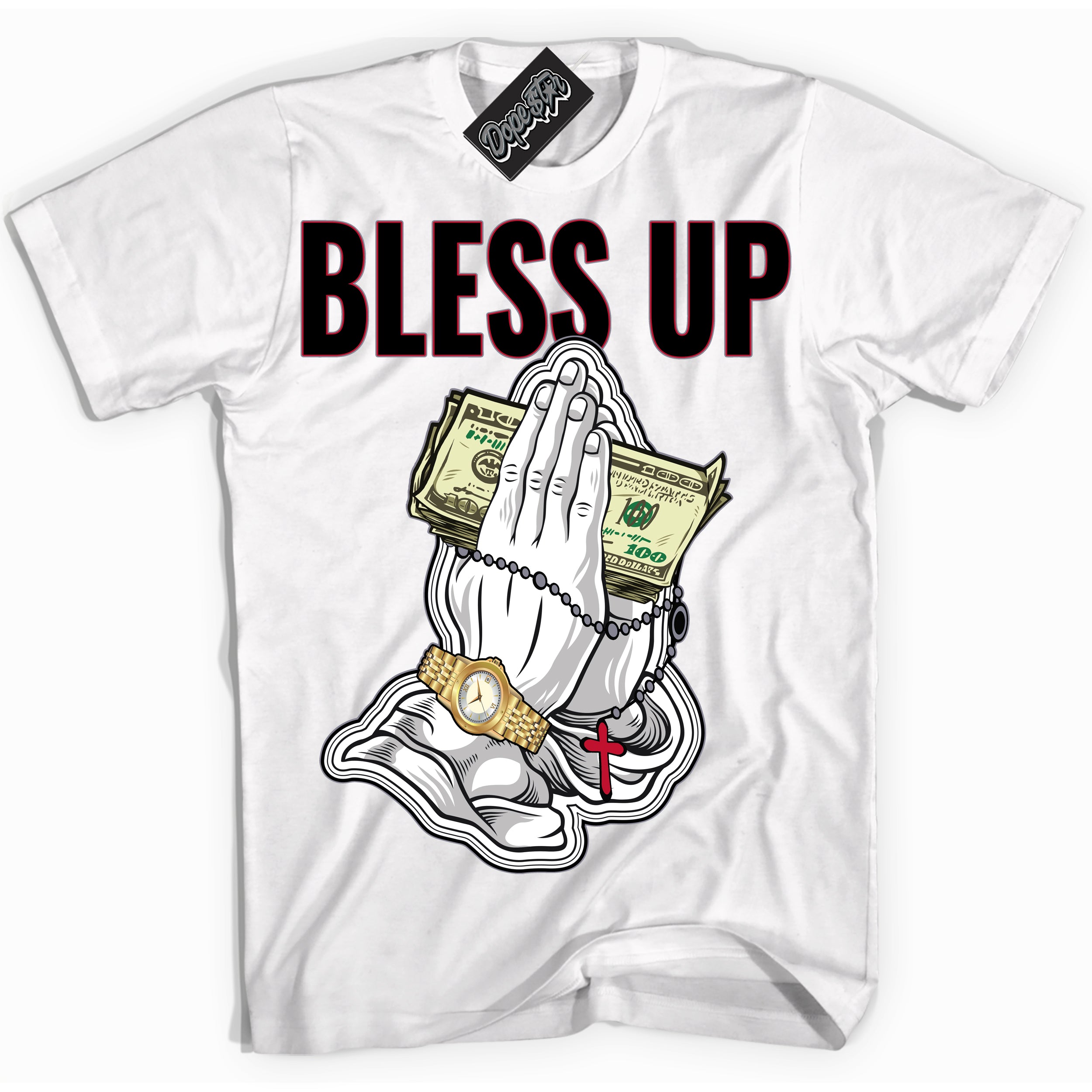 Cool White Shirt with “ Bless Up ” design that perfectly matches Cement Grey Fire Red 1s Sneakers.