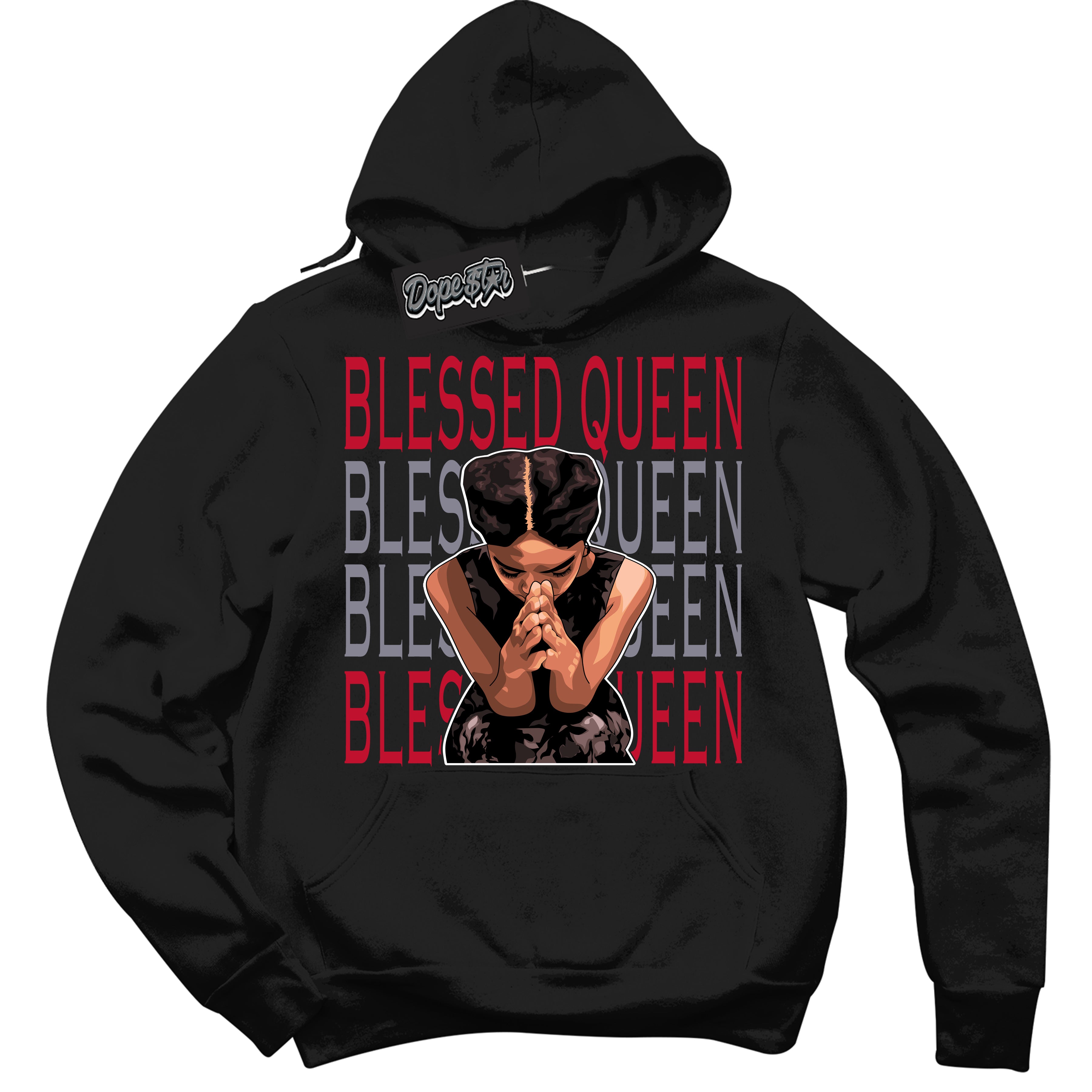 Cool Black Hoodie with “ Blessed Queen '' design that Perfectly Matches  Cement Grey Fire Red 1s Sneakers.