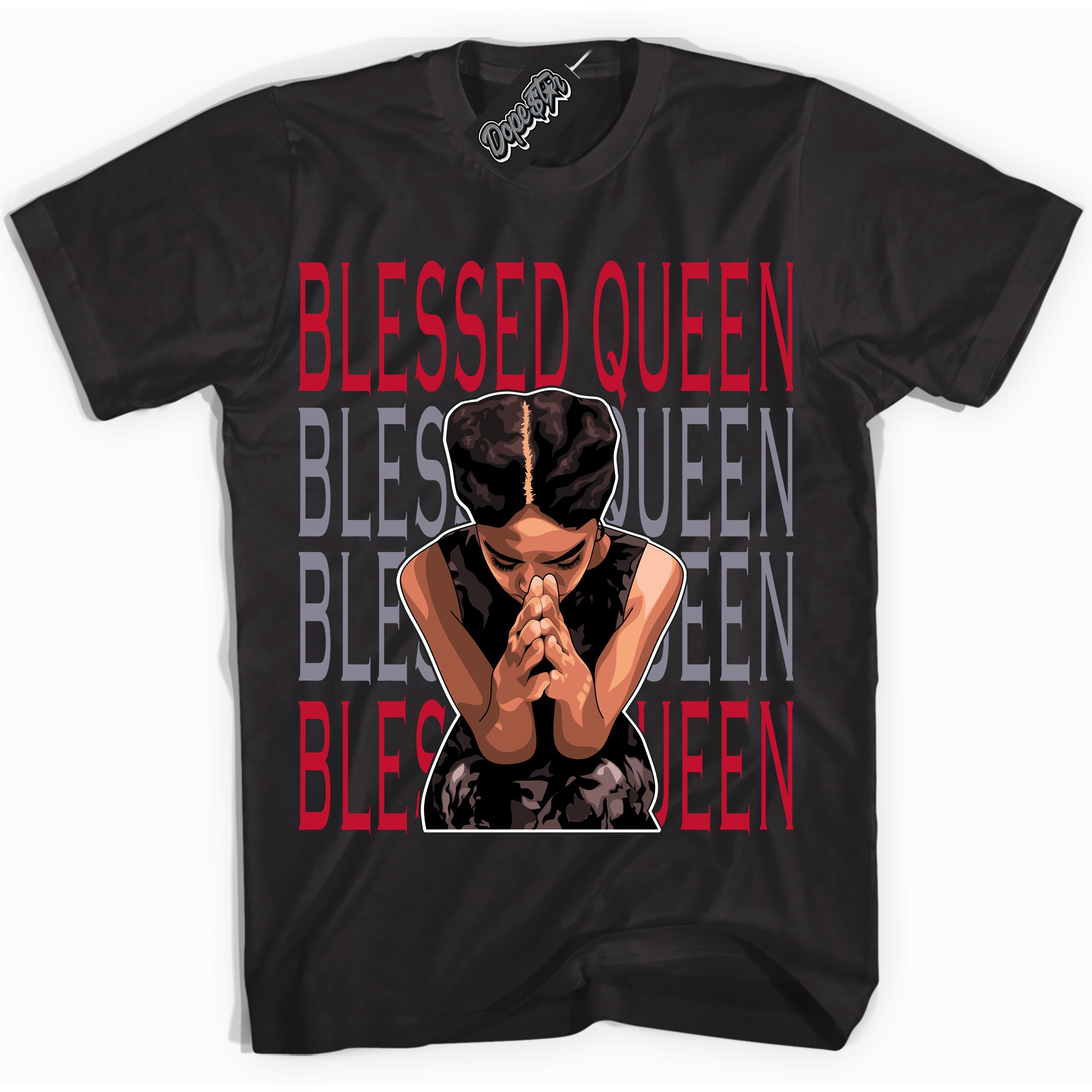 Cool Black Shirt with “ Blessed Queen ” design that perfectly matches Cement Grey Fire Red 1s Sneakers.