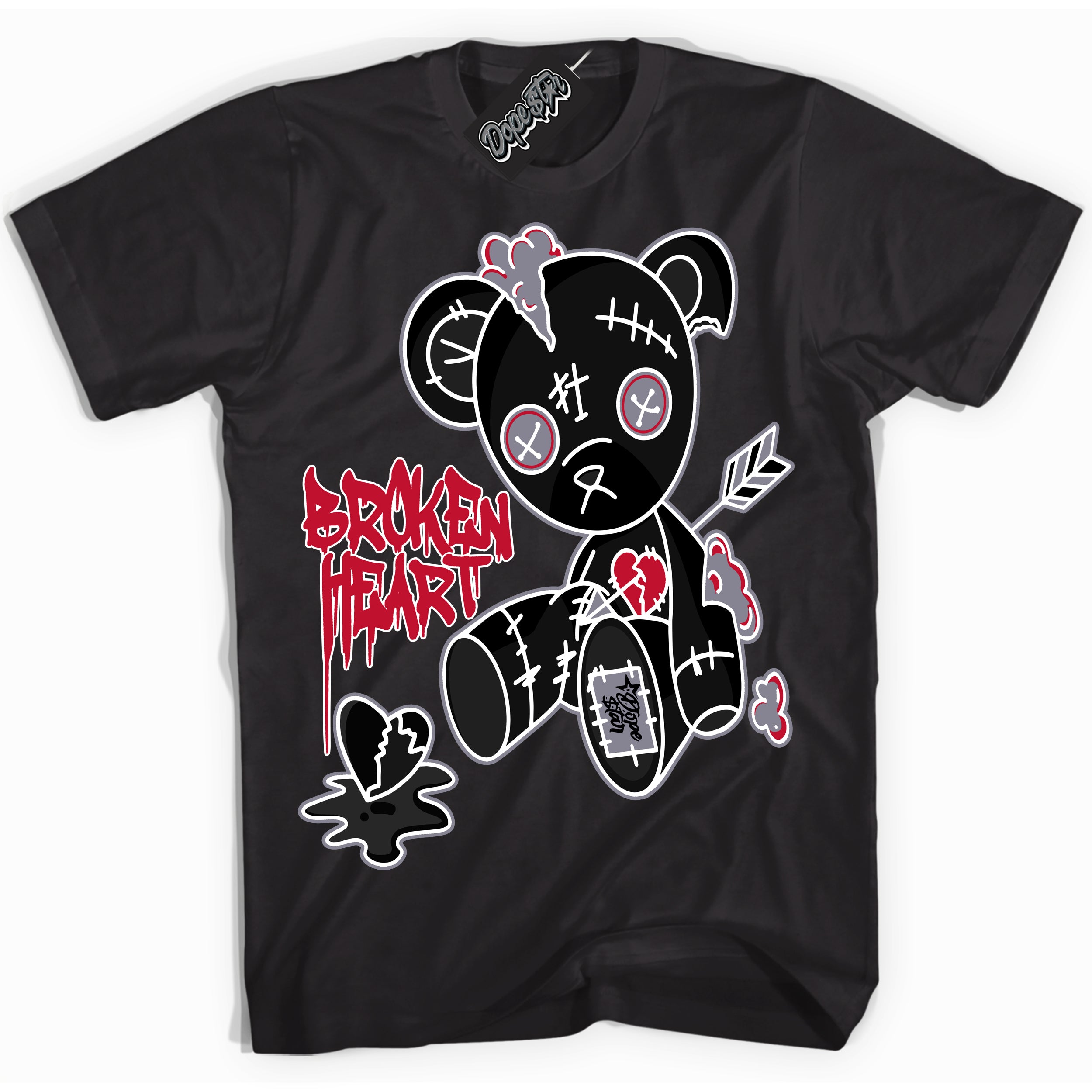 Cool Black Shirt with “ Broken Heart Bear ” design that perfectly matches Cement Grey Fire Red 1s Sneakers.