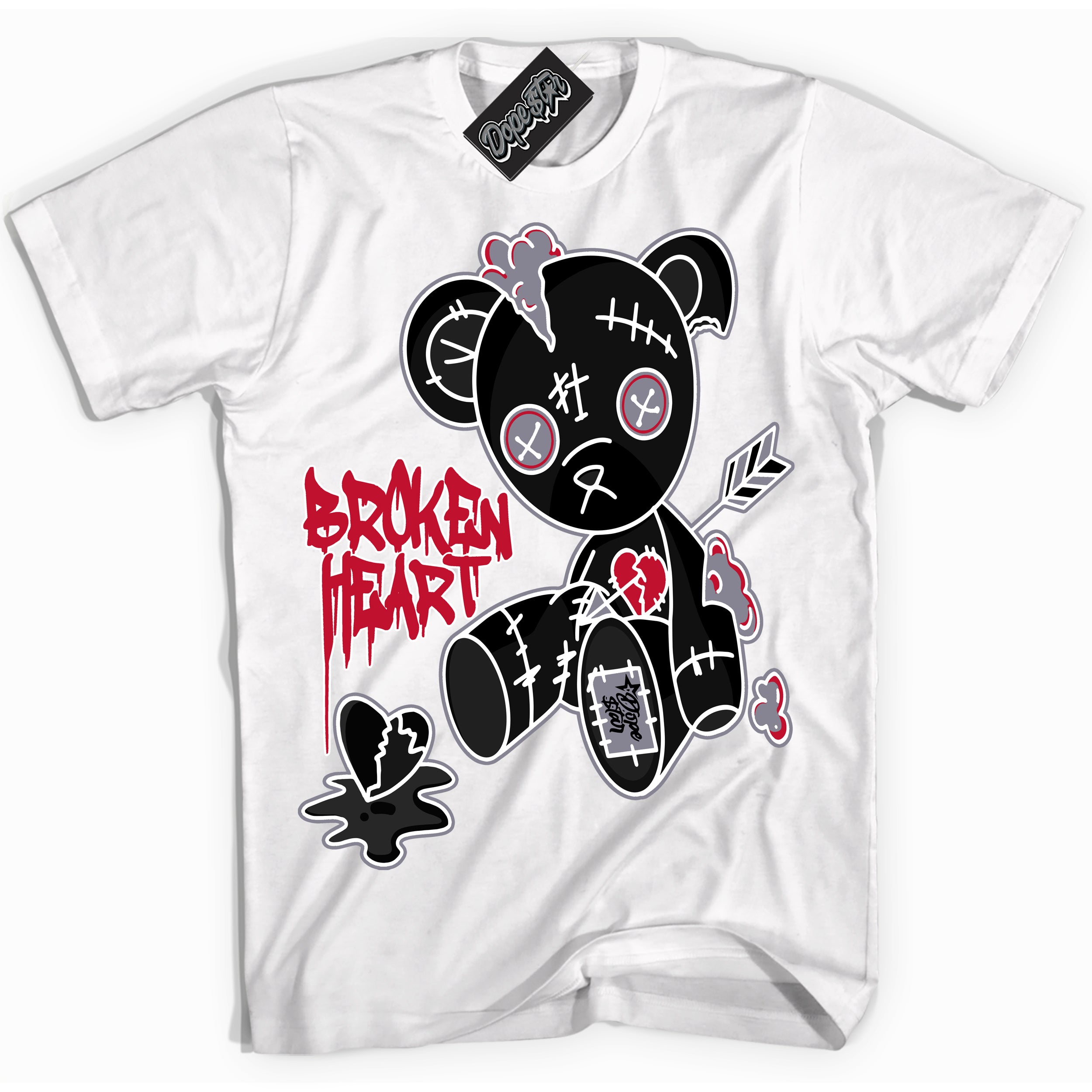 Cool White Shirt with “ Broken Heart Bear ” design that perfectly matches Cement Grey Fire Red 1s Sneakers.