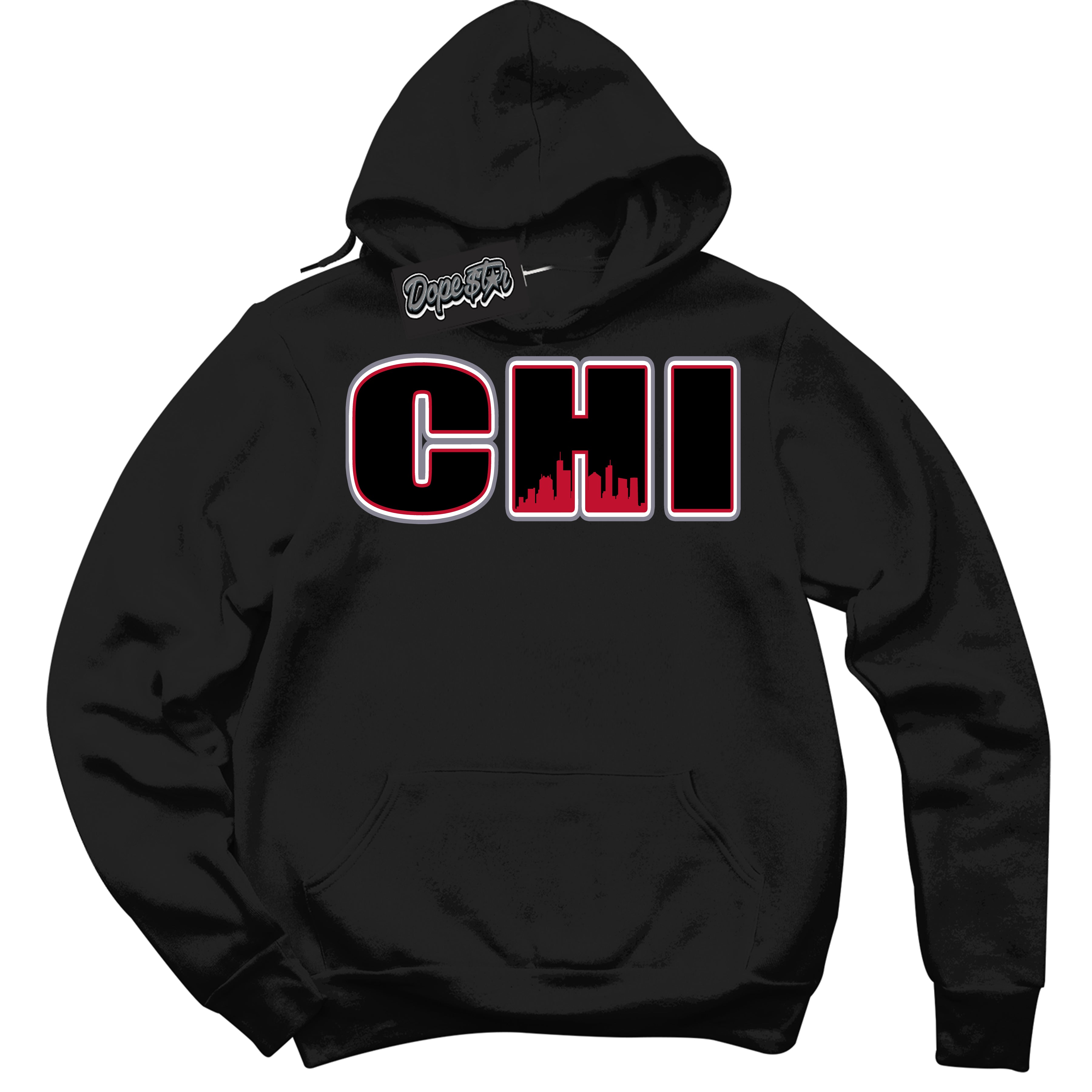 Cool Black Hoodie with “ Chicago '' design that Perfectly Matches  Cement Grey Fire Red 1s Sneakers.