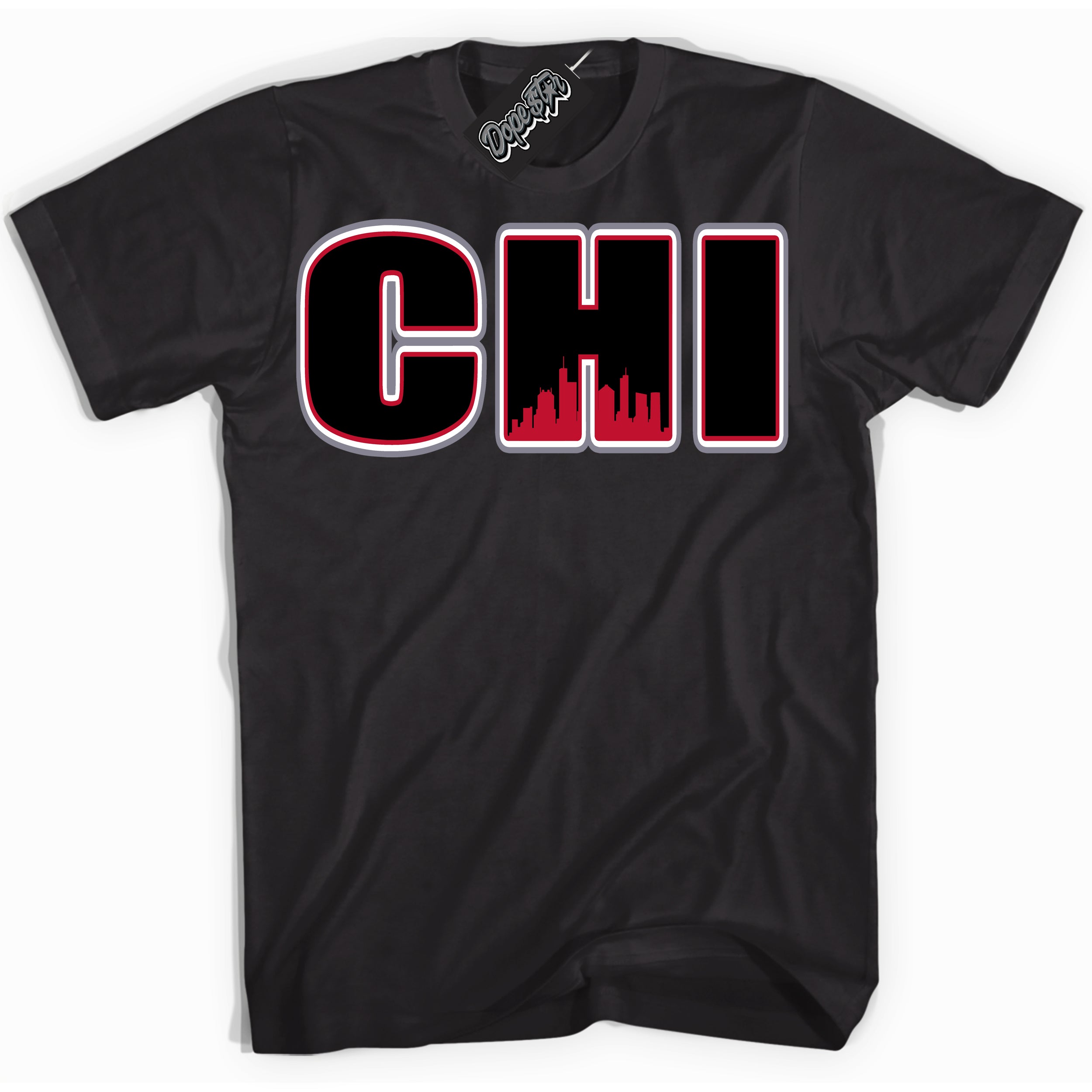 Cool Black Shirt with “ Chicago ” design that perfectly matches Cement Grey Fire Red 1s Sneakers.