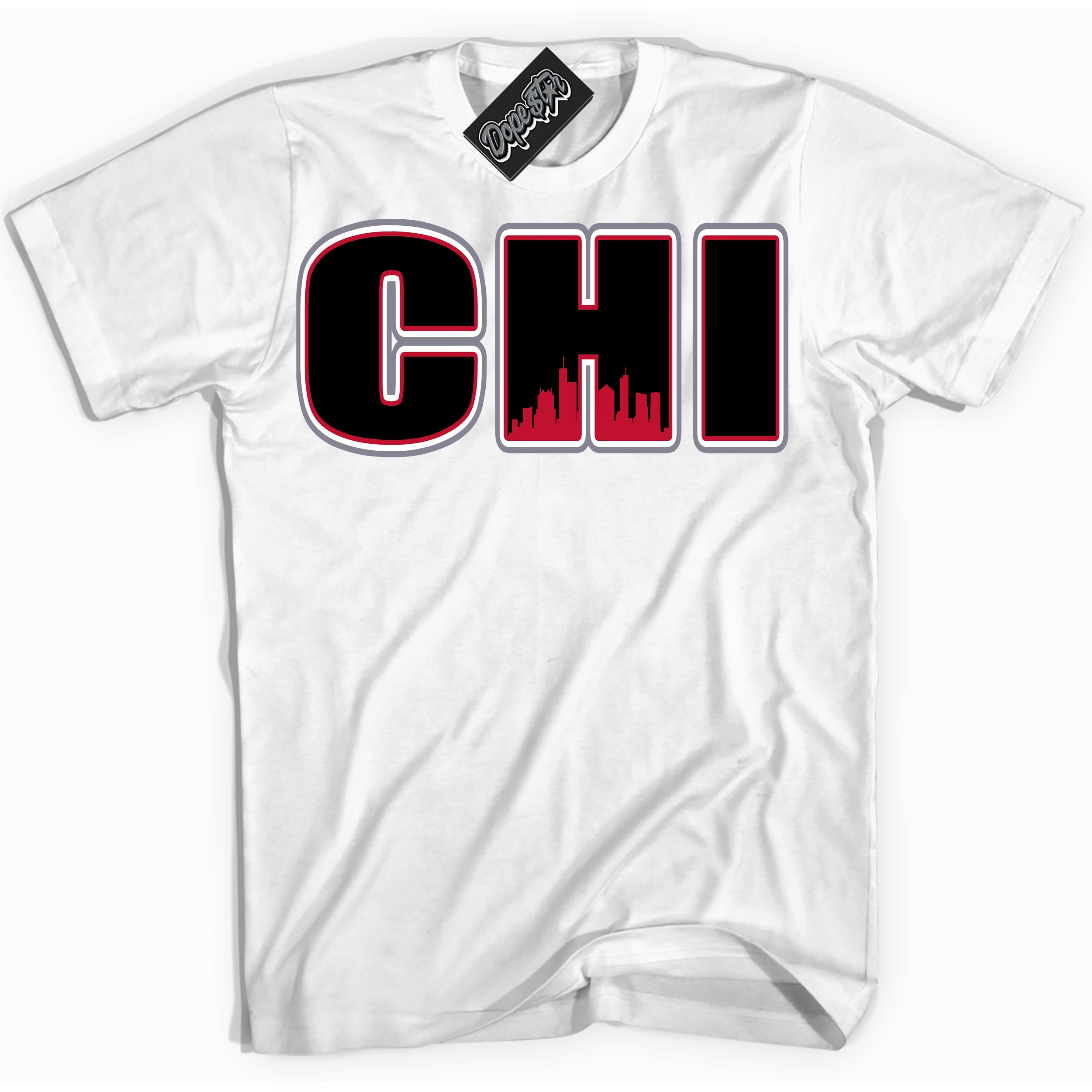 Cool White Shirt with “ Chicago ” design that perfectly matches Cement Grey Fire Red 1s Sneakers.