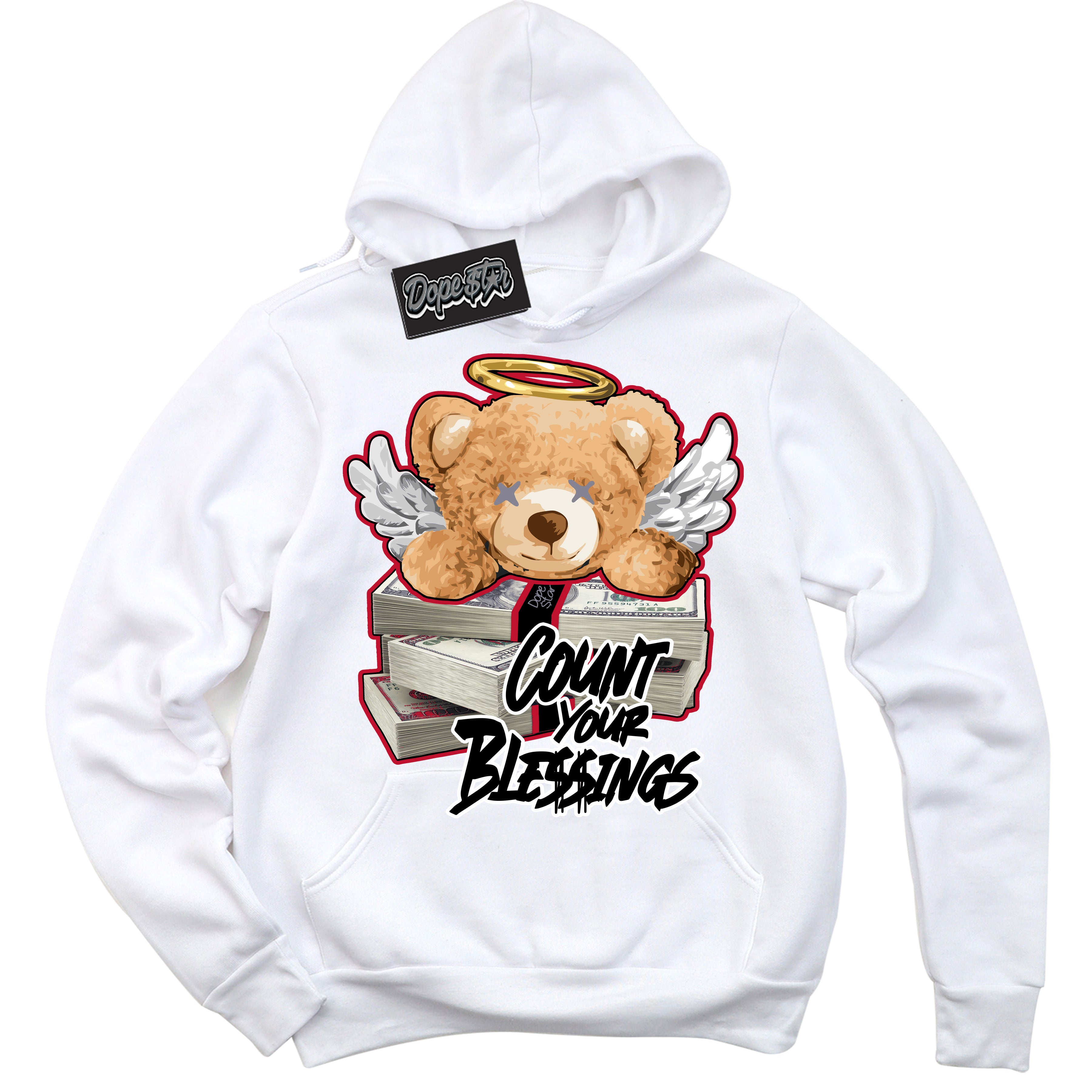 Cool White Hoodie with “ Count Your Blessings '' design that Perfectly Matches  Cement Grey Fire Red 1s Sneakers.