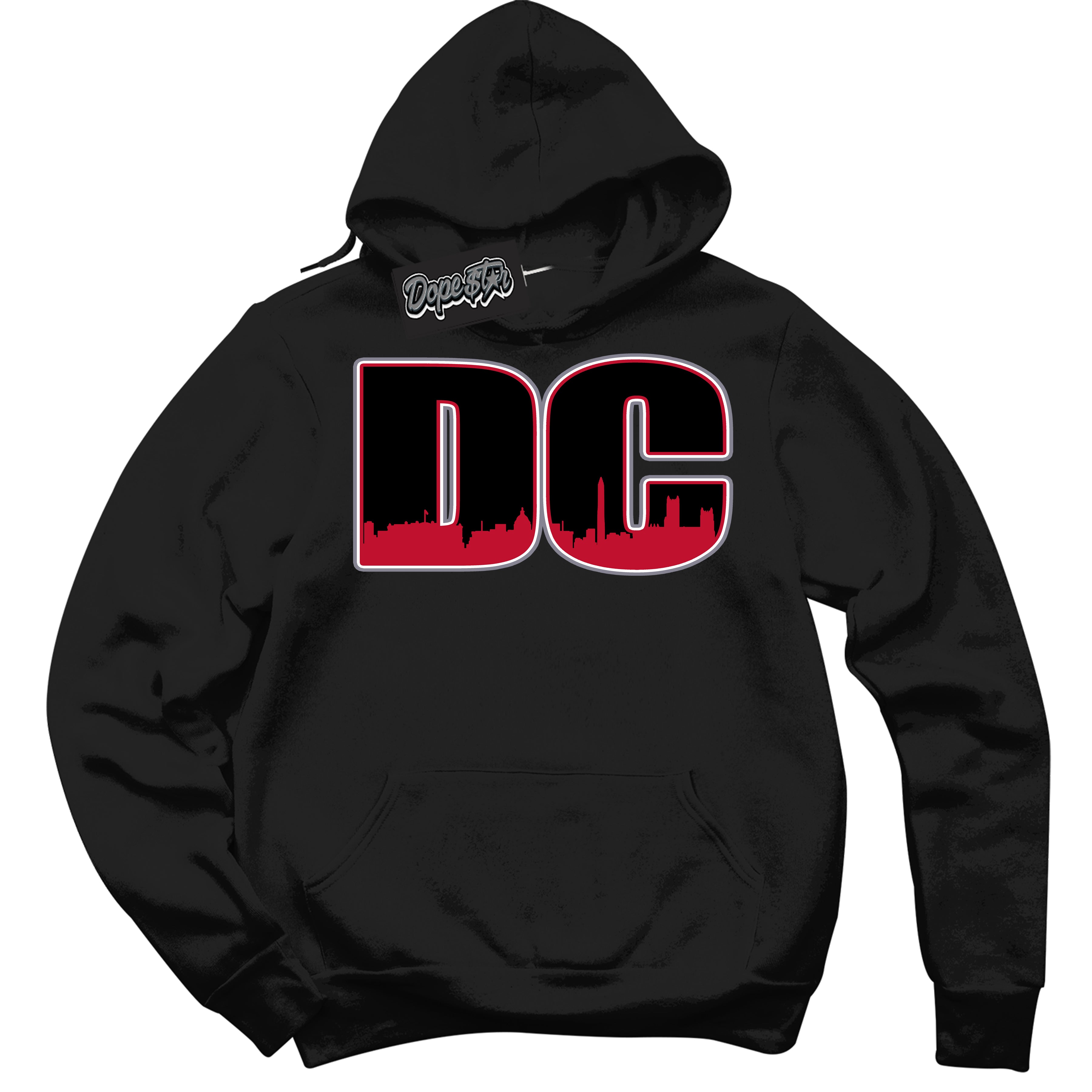 Cool Black Hoodie with “ DC '' design that Perfectly Matches  Cement Grey Fire Red 1s Sneakers.