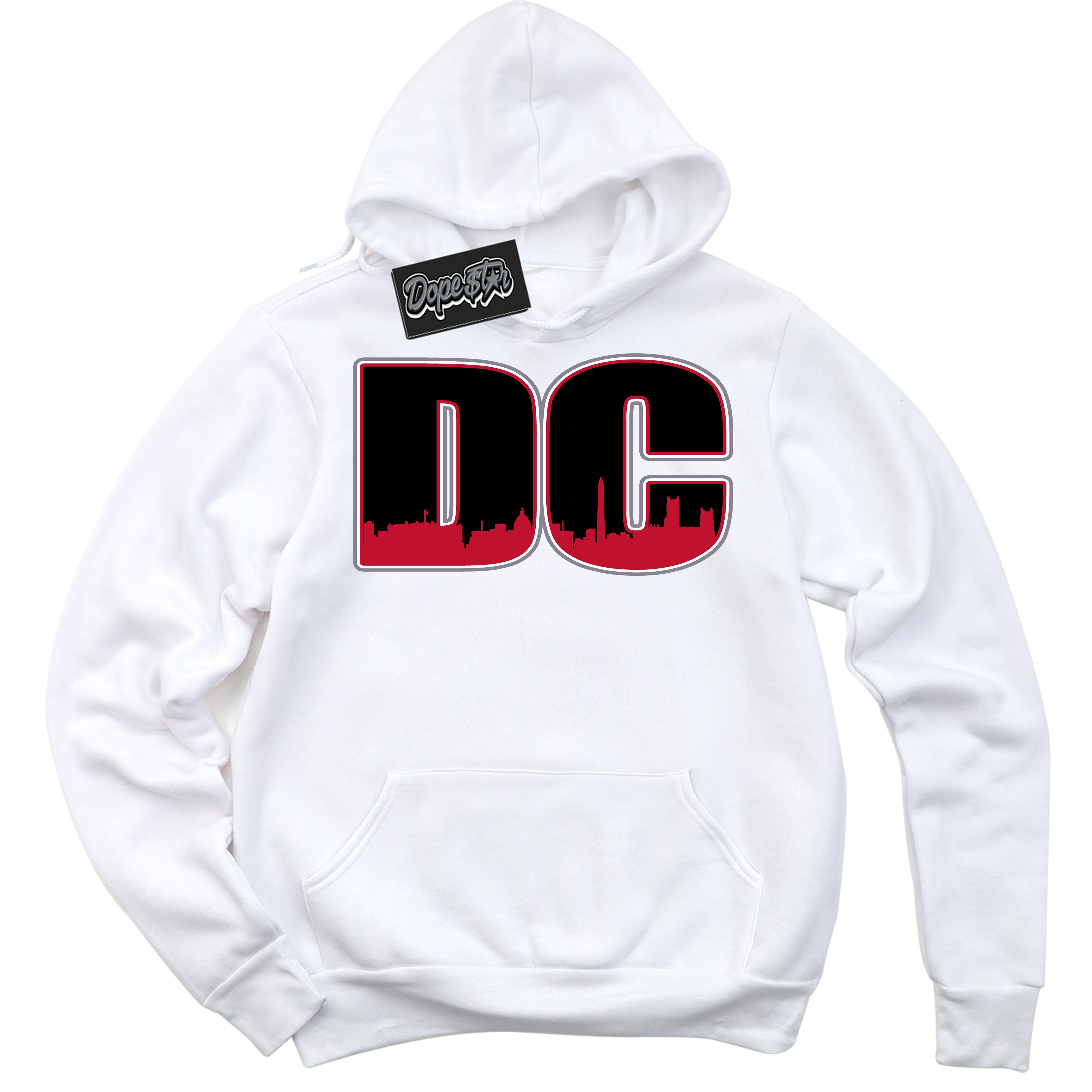 Cool White Hoodie with “ DC '' design that Perfectly Matches  Cement Grey Fire Red 1s Sneakers.