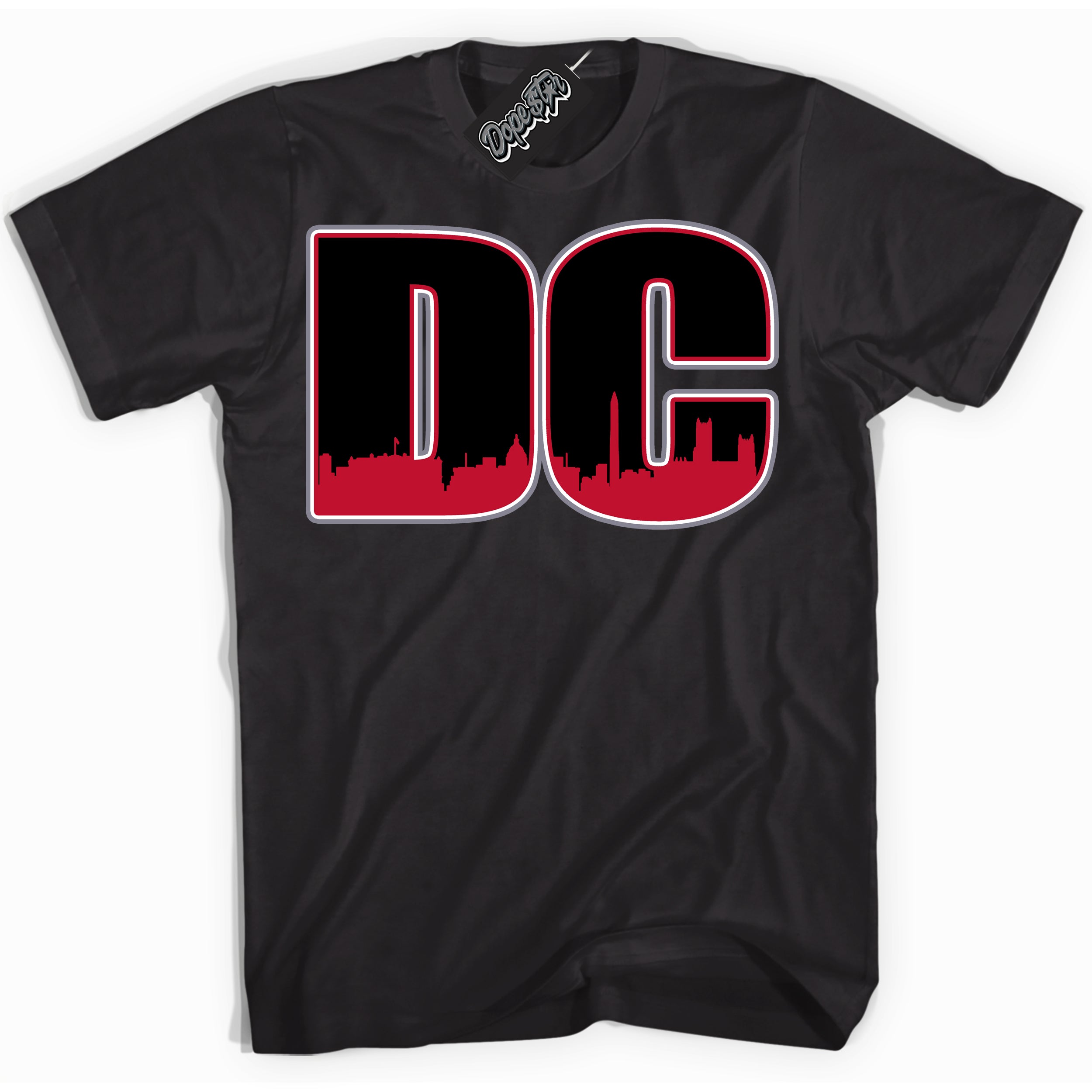 Cool Black Shirt with “ DC ” design that perfectly matches Cement Grey Fire Red 1s Sneakers.