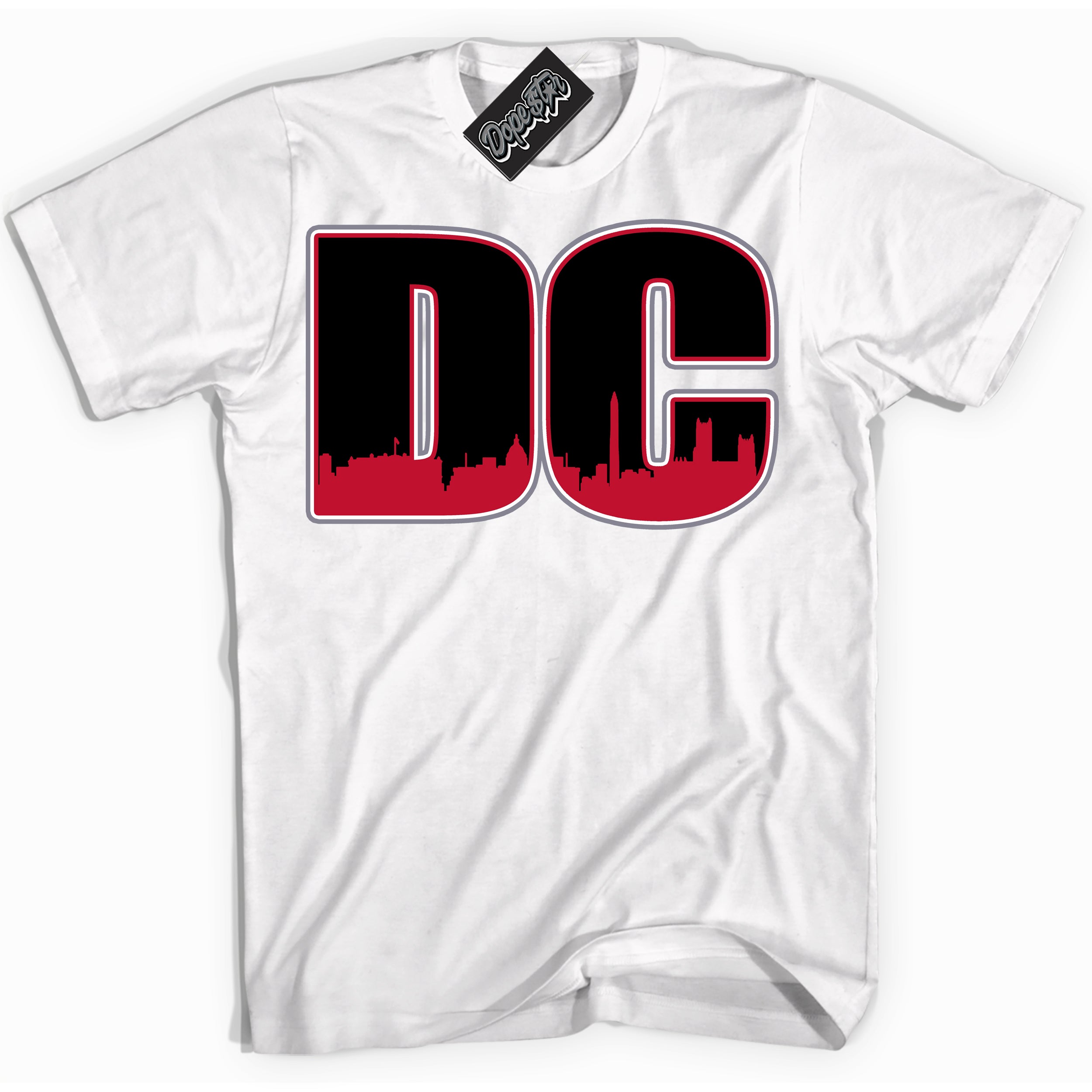 Cool White Shirt with “ DC ” design that perfectly matches Cement Grey Fire Red 1s Sneakers.