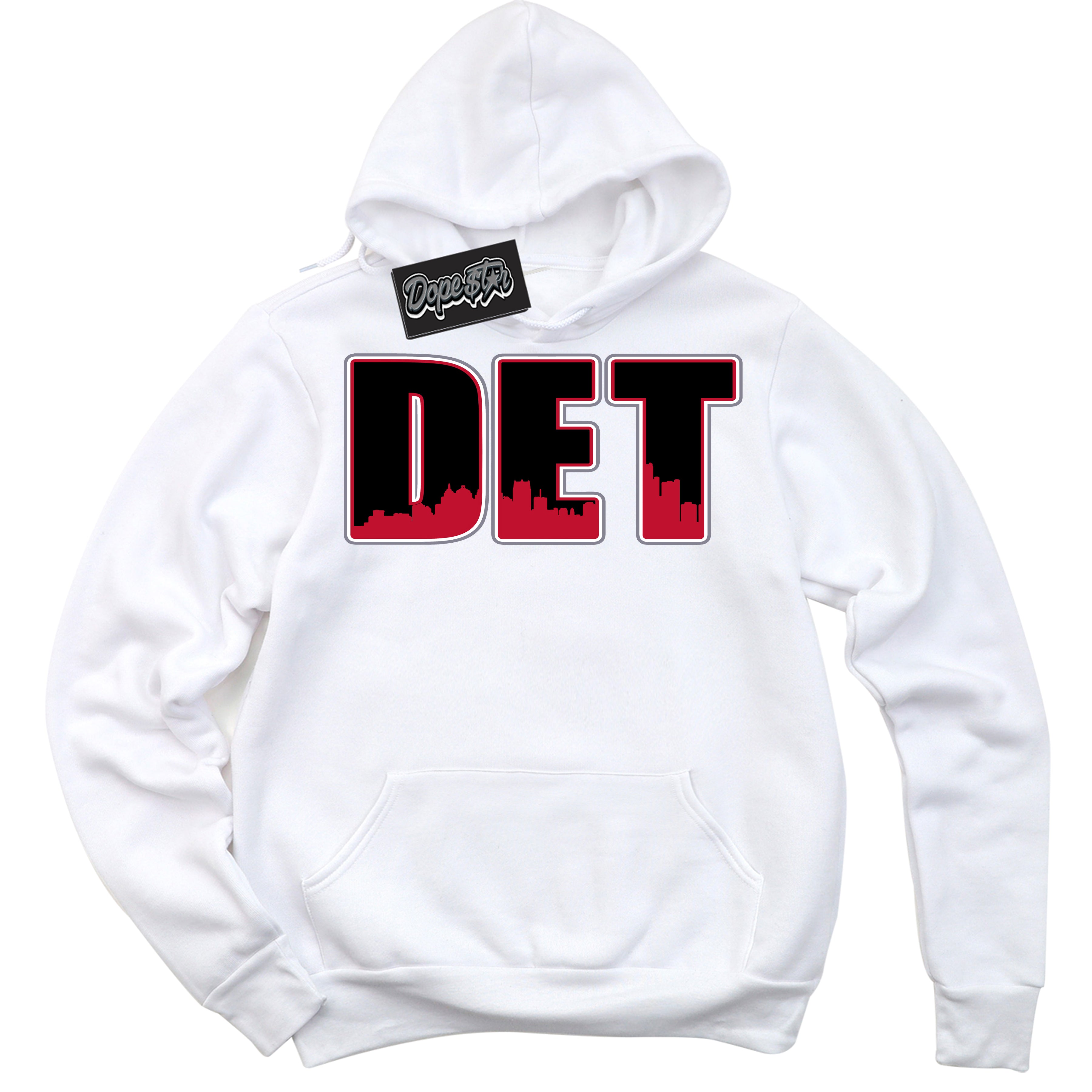 Cool White Hoodie with “ Detroit '' design that Perfectly Matches  Cement Grey Fire Red 1s Sneakers.