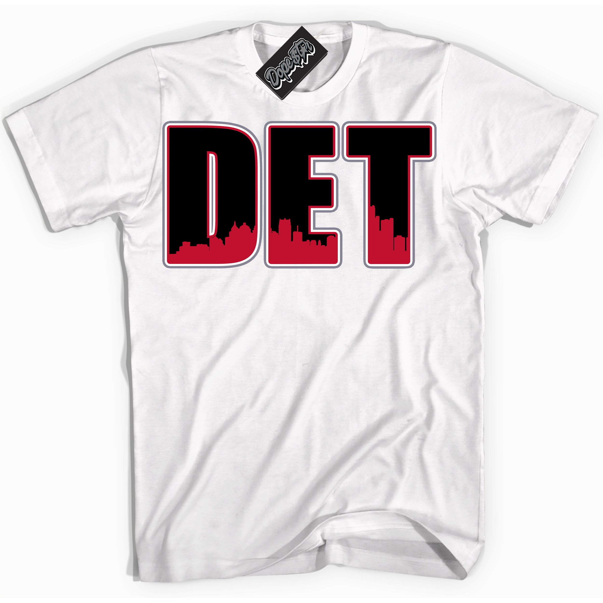 Cool White Shirt with “ Detroit ” design that perfectly matches Cement Grey Fire Red 1s Sneakers.