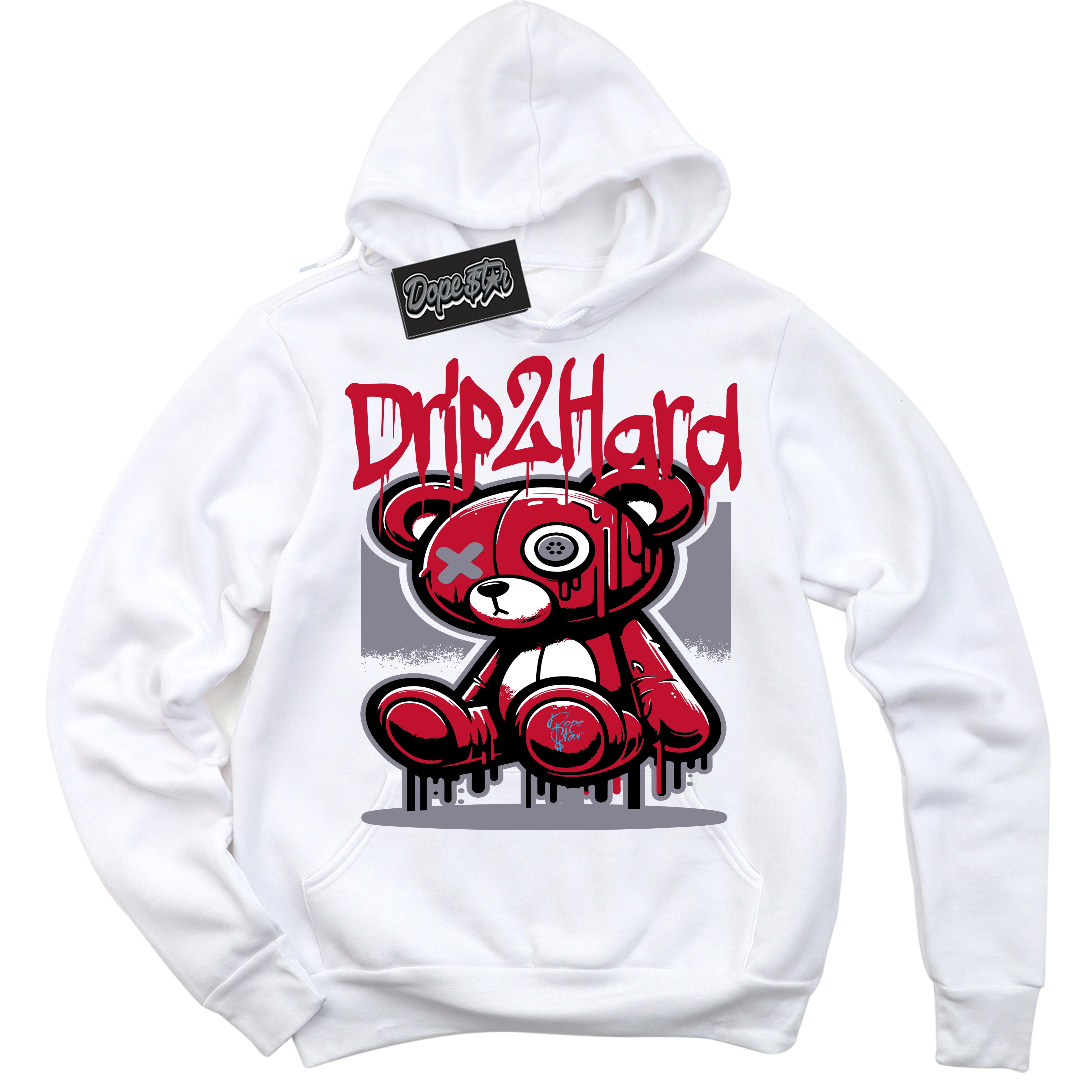 Cool White Hoodie with “ Drip 2 Hard '' design that Perfectly Matches  Cement Grey Fire Red 1s Sneakers.