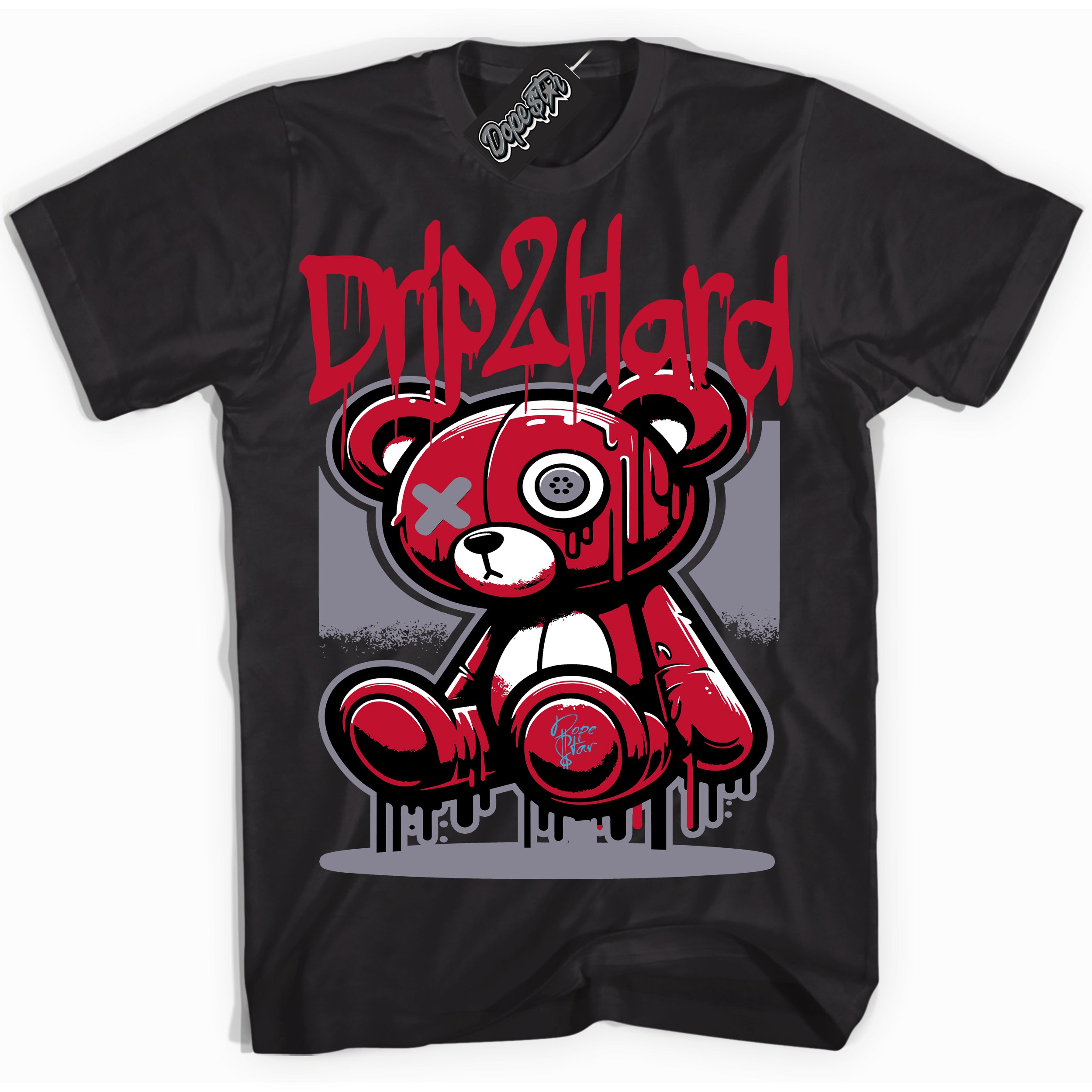 Cool Black Shirt with “ Drip 2 Hard ” design that perfectly matches Cement Grey Fire Red 1s Sneakers.