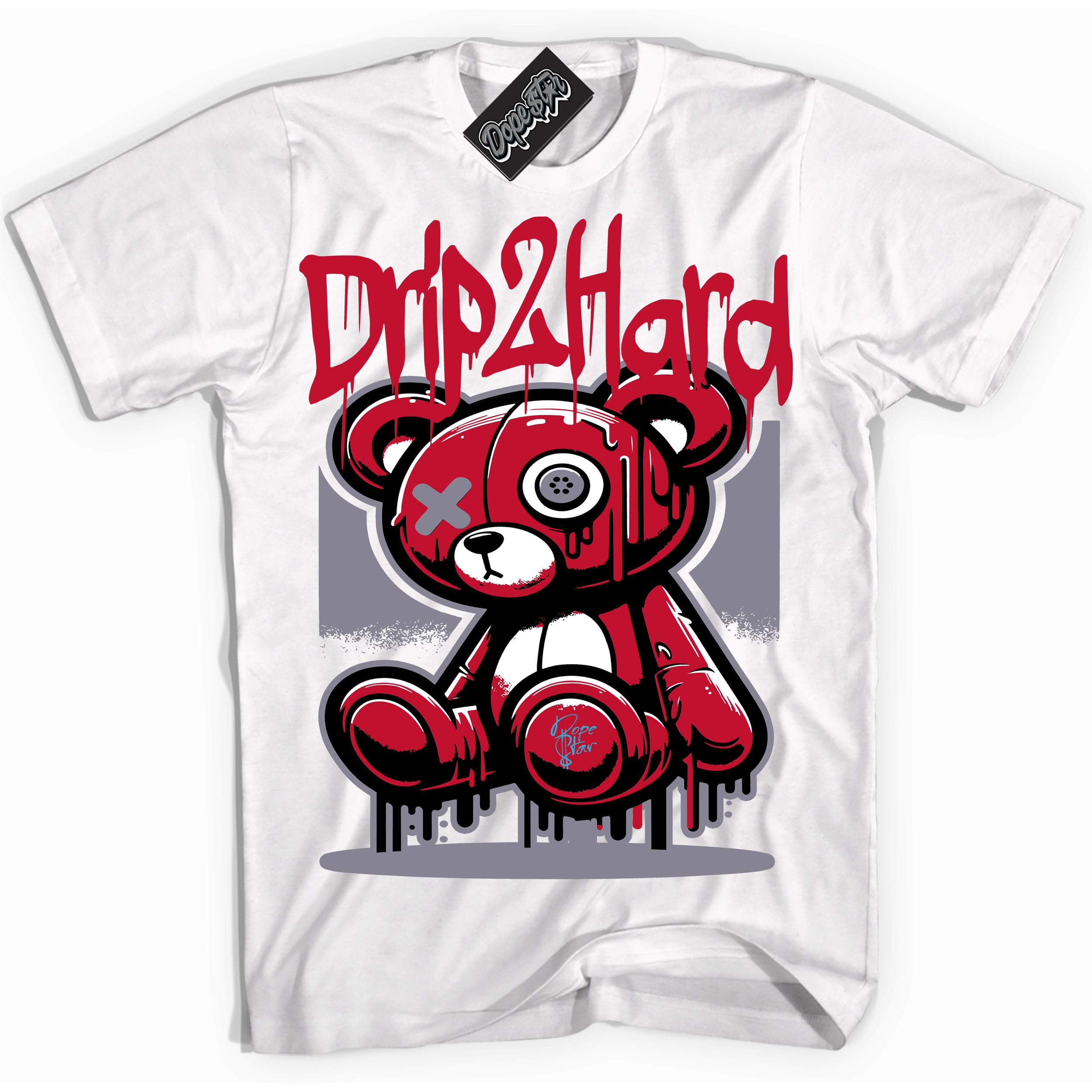 Cool White Shirt with “ Drip 2 Hard ” design that perfectly matches Cement Grey Fire Red 1s Sneakers.