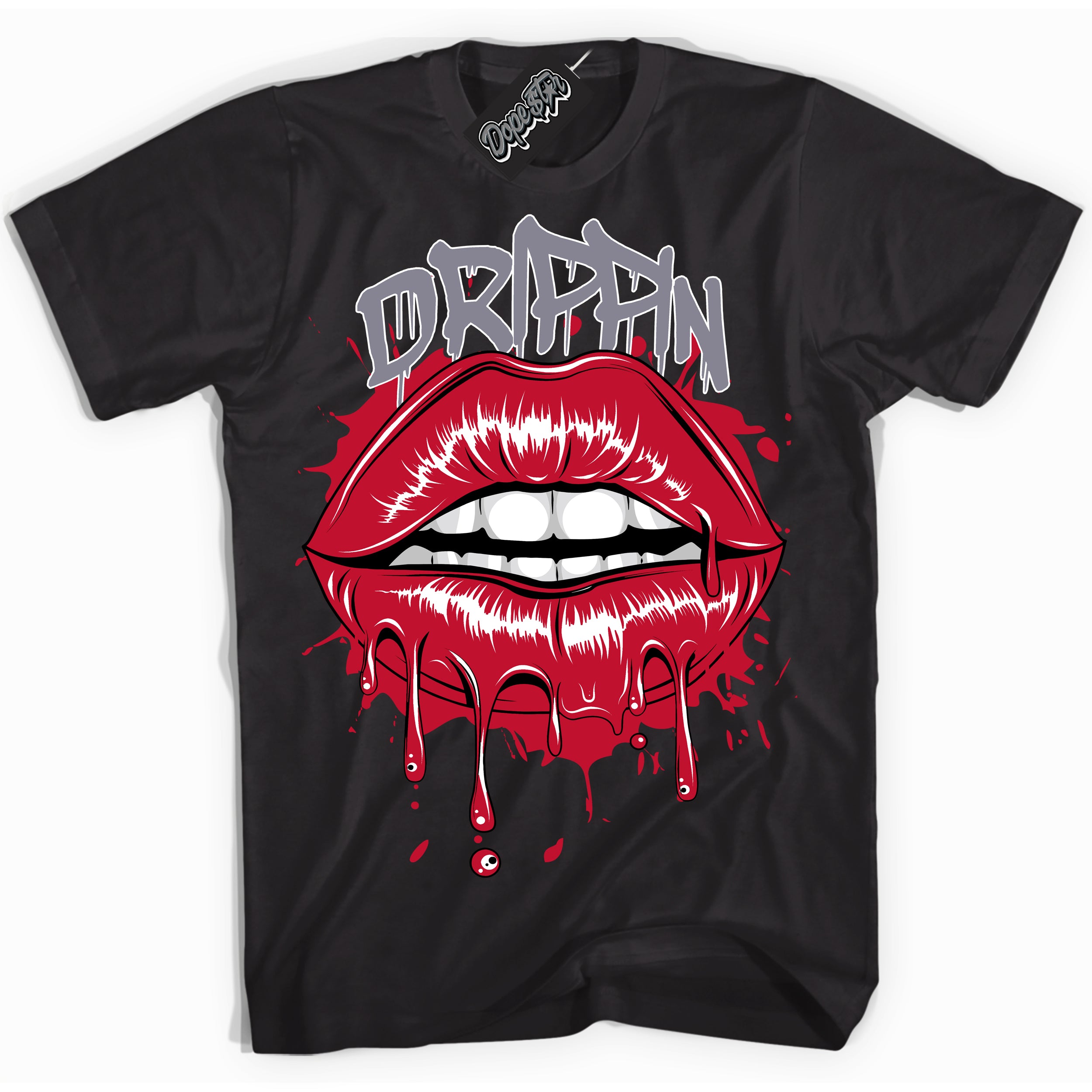 Cool Black Shirt with “ Drippin ” design that perfectly matches Cement Grey Fire Red 1s Sneakers.