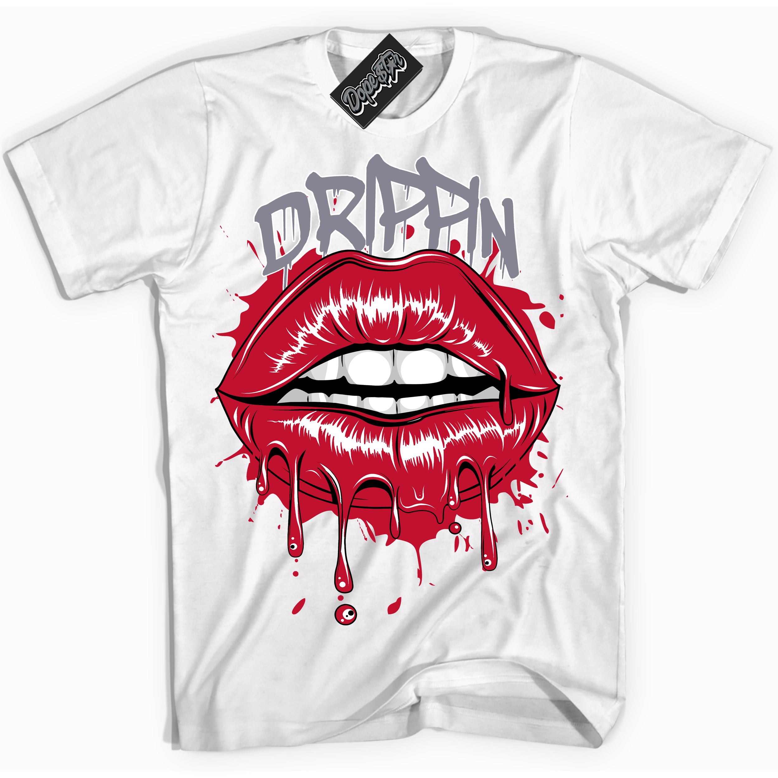 Cool White Shirt with “ Drippin ” design that perfectly matches Cement Grey Fire Red 1s Sneakers.