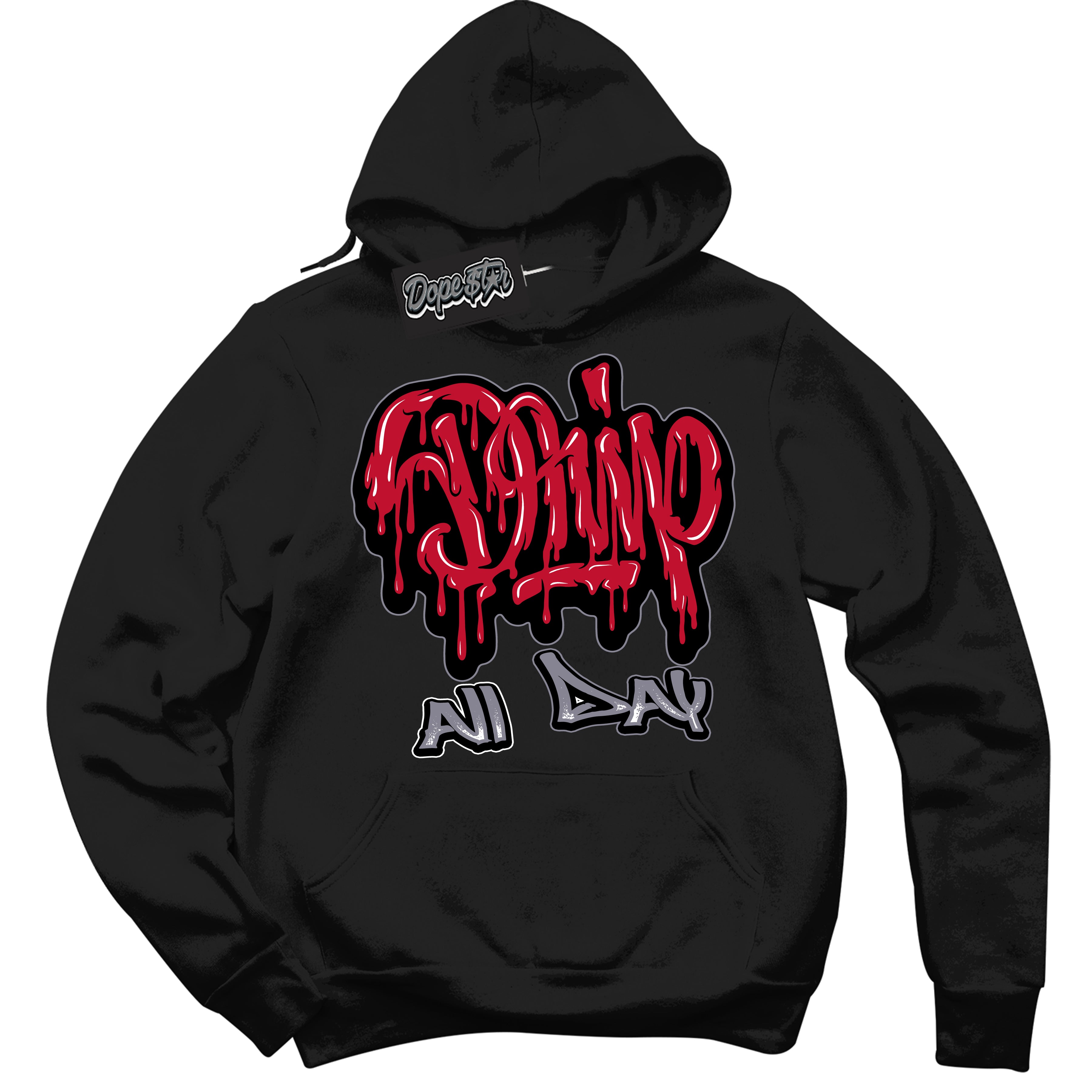 Cool Black Hoodie with “ Drip All Day '' design that Perfectly Matches  Cement Grey Fire Red 1s Sneakers.