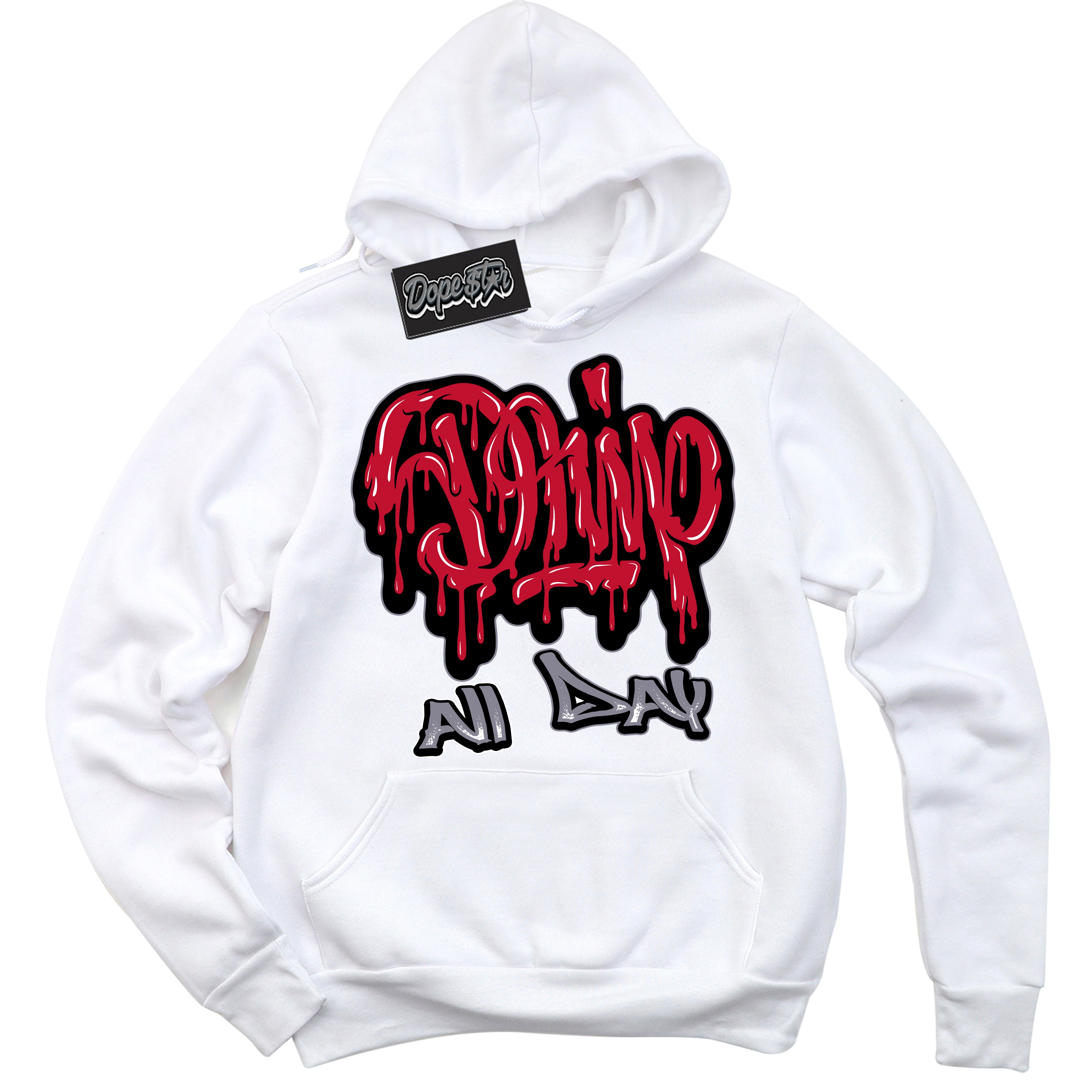 Cool White Hoodie with “ Drip All Day '' design that Perfectly Matches  Cement Grey Fire Red 1s Sneakers.