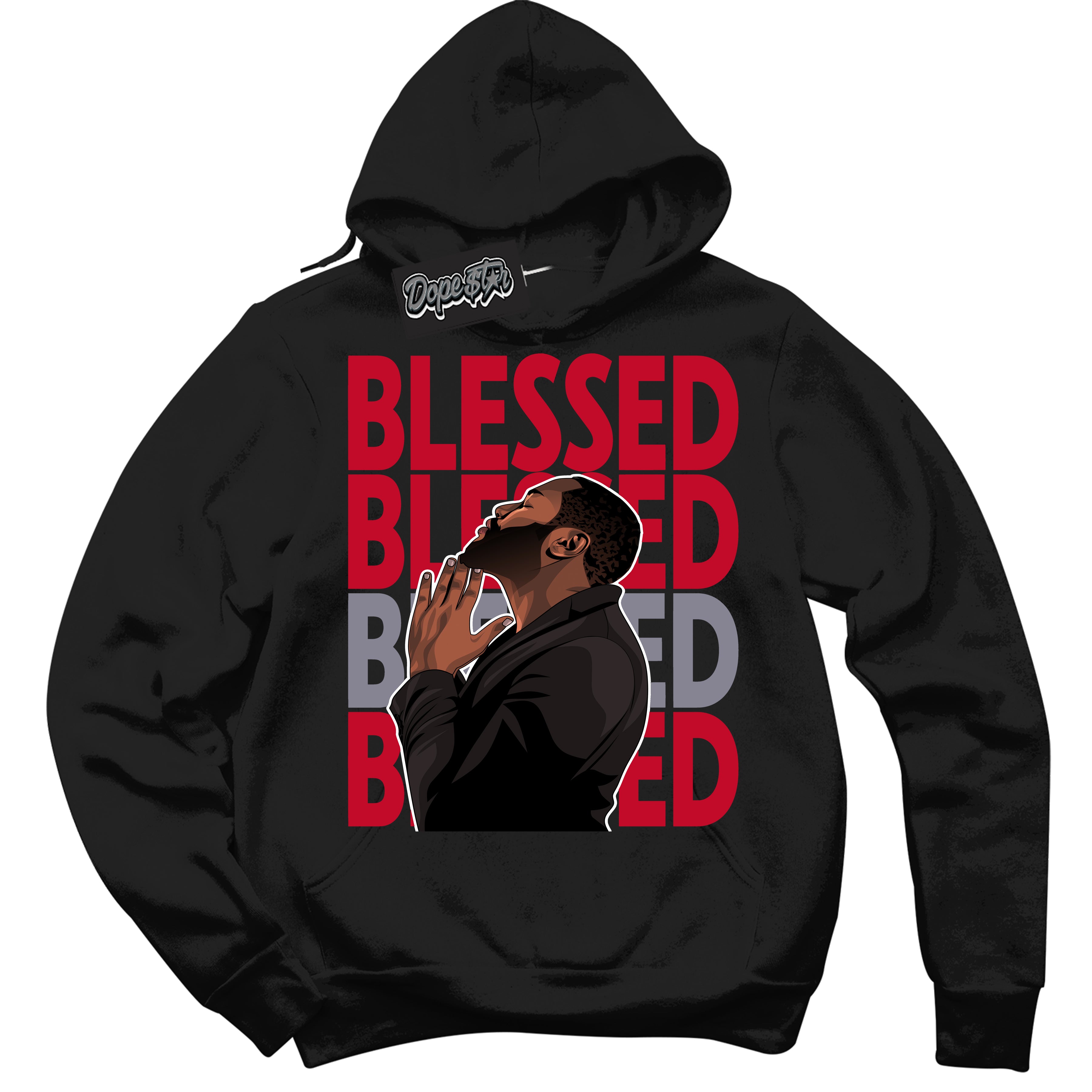 Cool Black Hoodie with “ God Blessed '' design that Perfectly Matches  Cement Grey Fire Red 1s Sneakers.