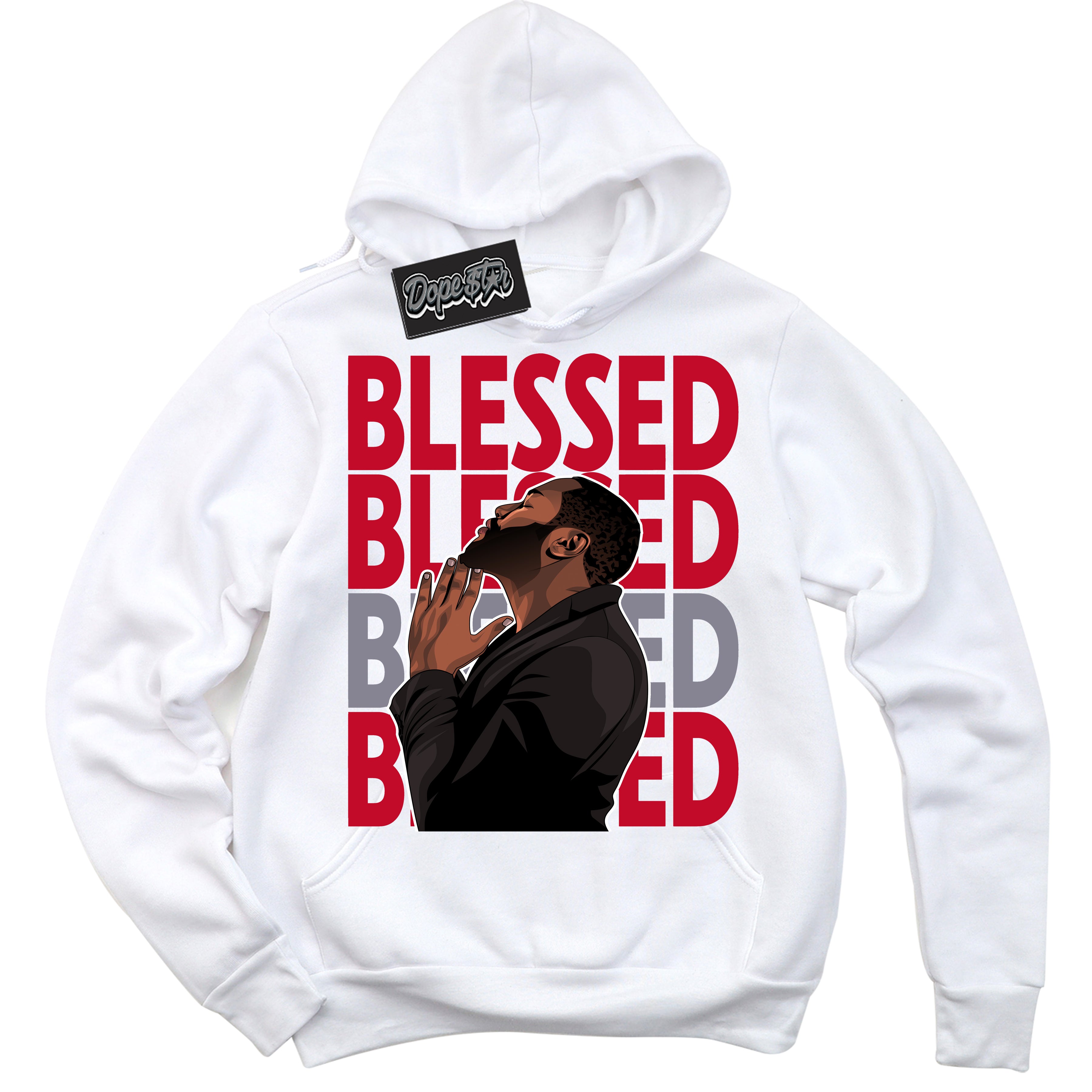 Cool White Hoodie with “ God Blessed '' design that Perfectly Matches  Cement Grey Fire Red 1s Sneakers.