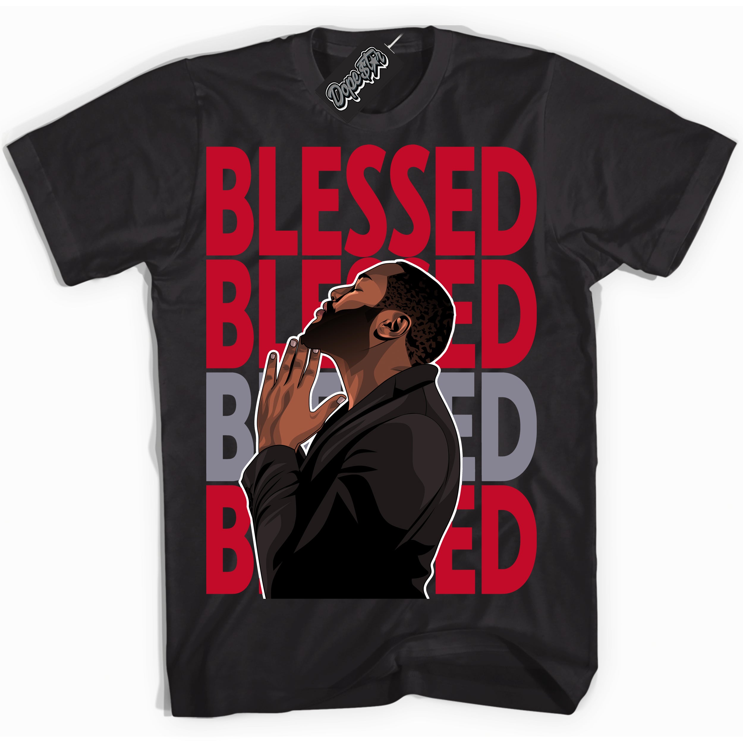 Cool Black Shirt with “ God Blessed ” design that perfectly matches Cement Grey Fire Red 1s Sneakers.