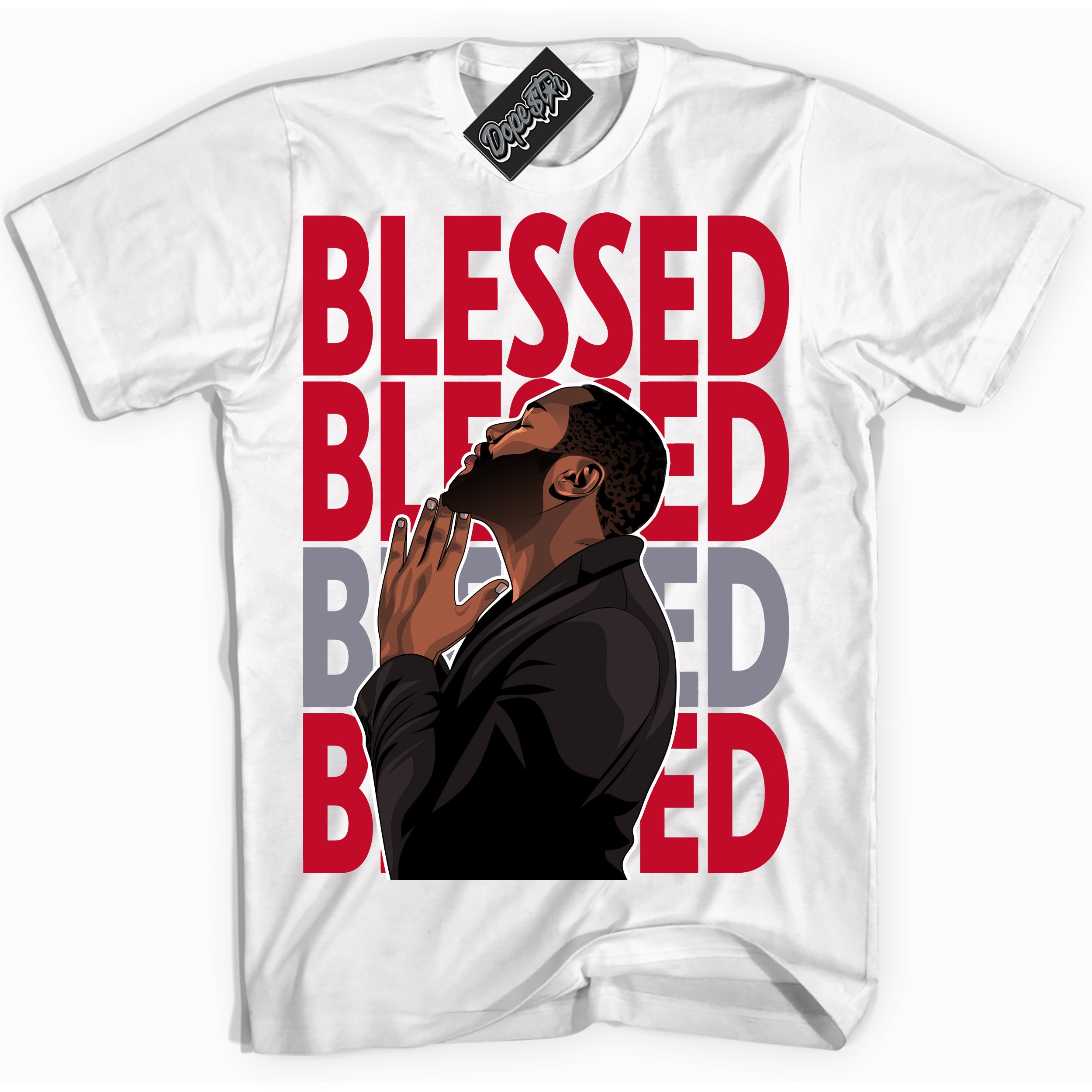 Cool White Shirt with “ God Blessed ” design that perfectly matches Cement Grey Fire Red 1s Sneakers.