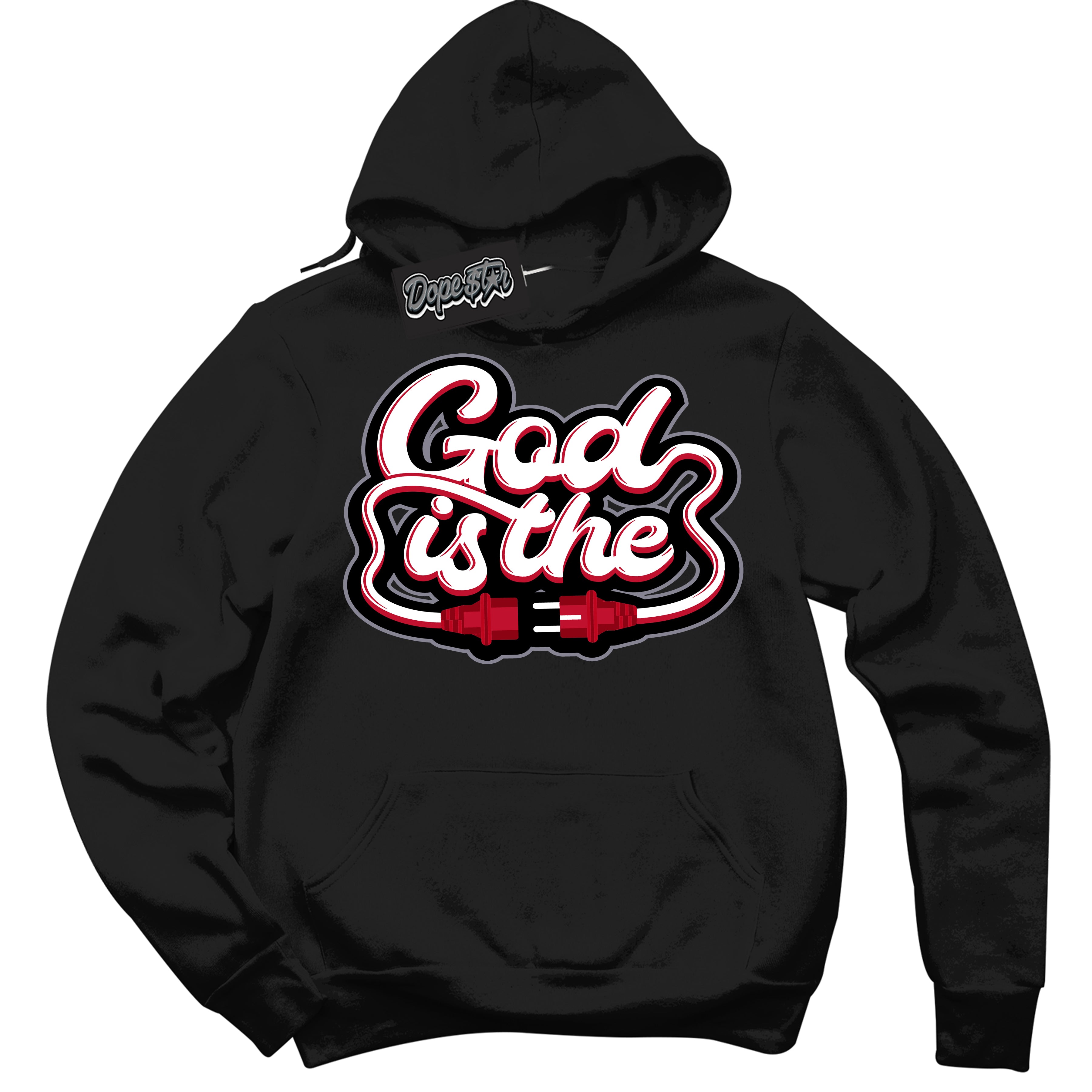 Cool Black Hoodie with “ God Is The '' design that Perfectly Matches  Cement Grey Fire Red 1s Sneakers.