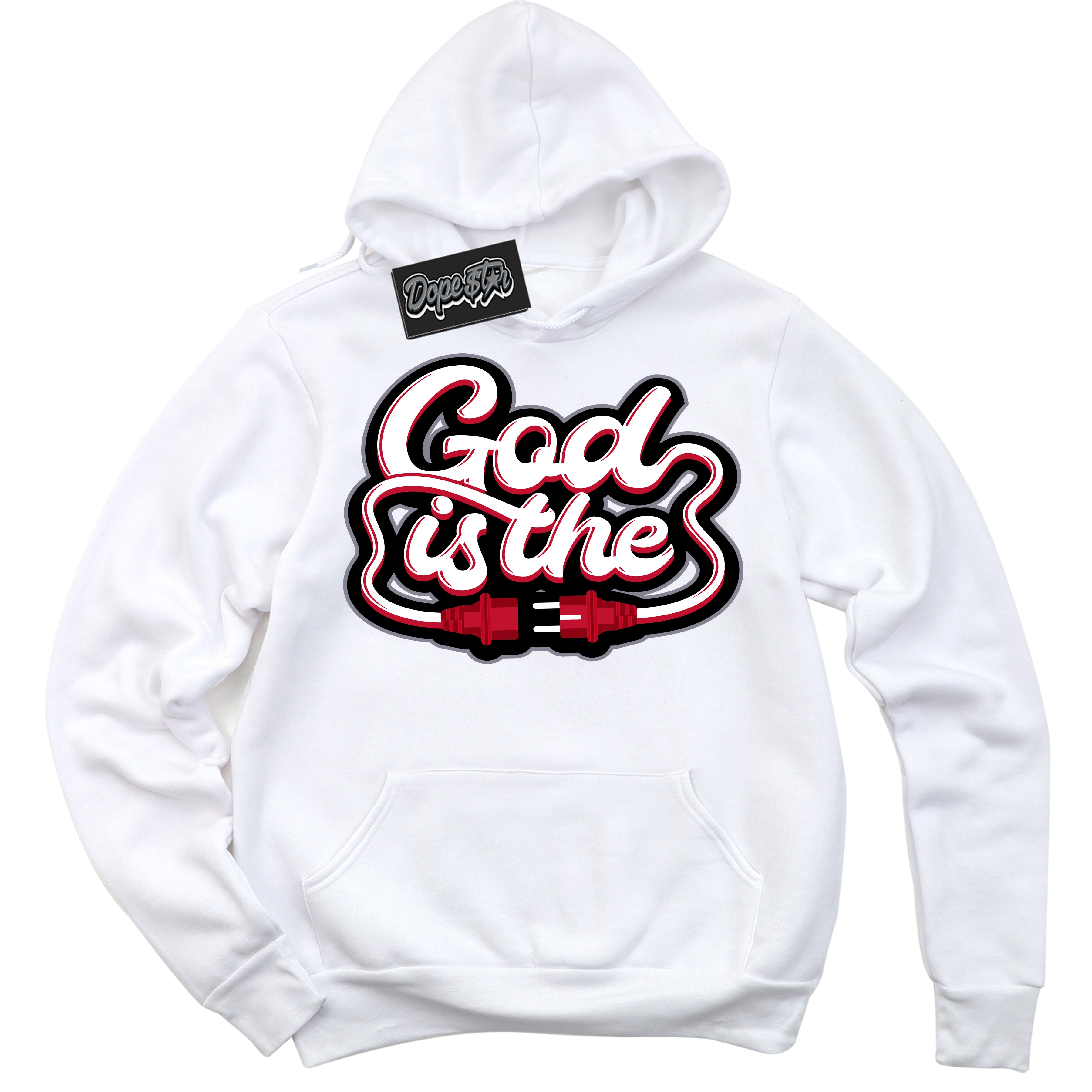 Cool White Hoodie with “ God Is The '' design that Perfectly Matches  Cement Grey Fire Red 1s Sneakers.