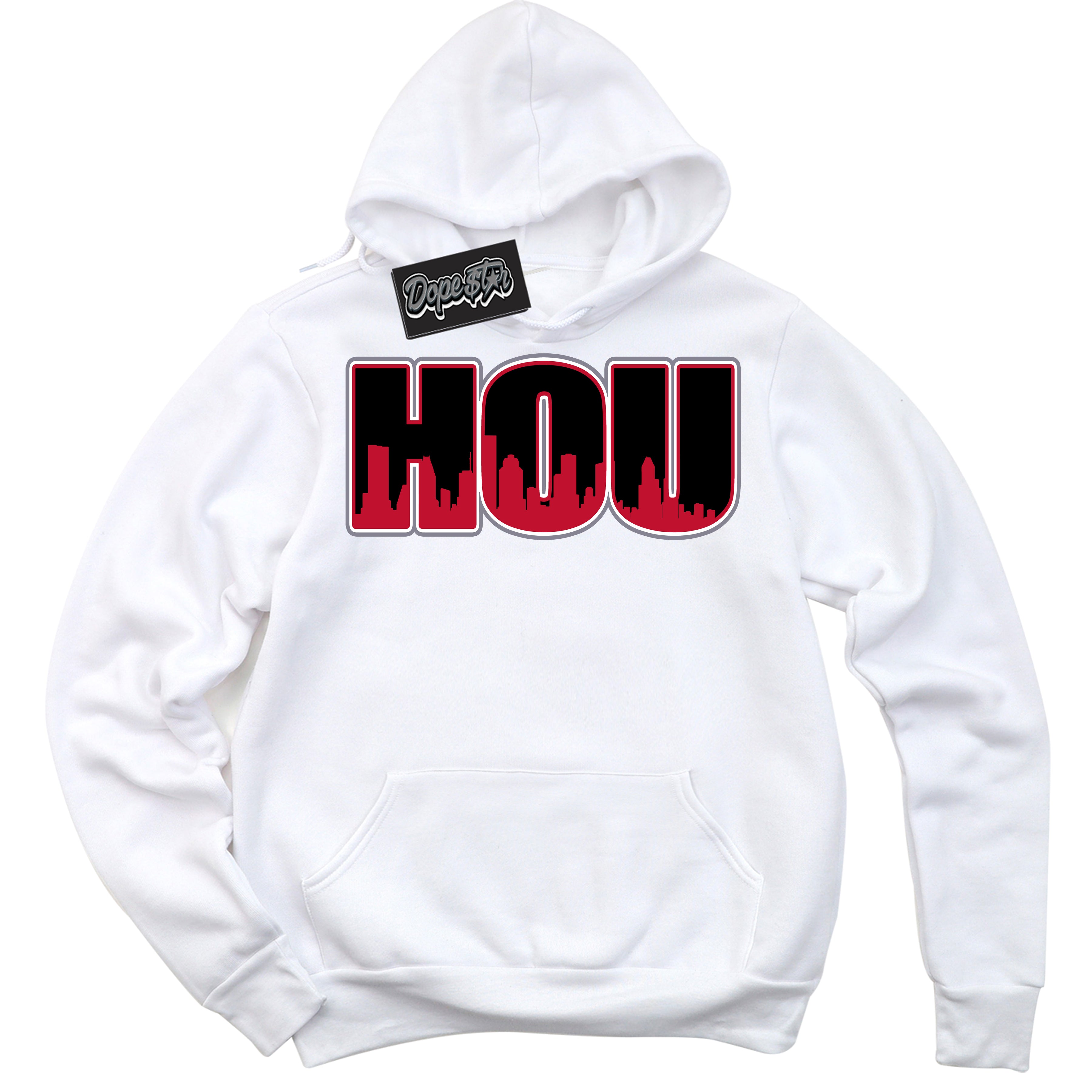 Cool White Hoodie with “ Houston '' design that Perfectly Matches  Cement Grey Fire Red 1s Sneakers.