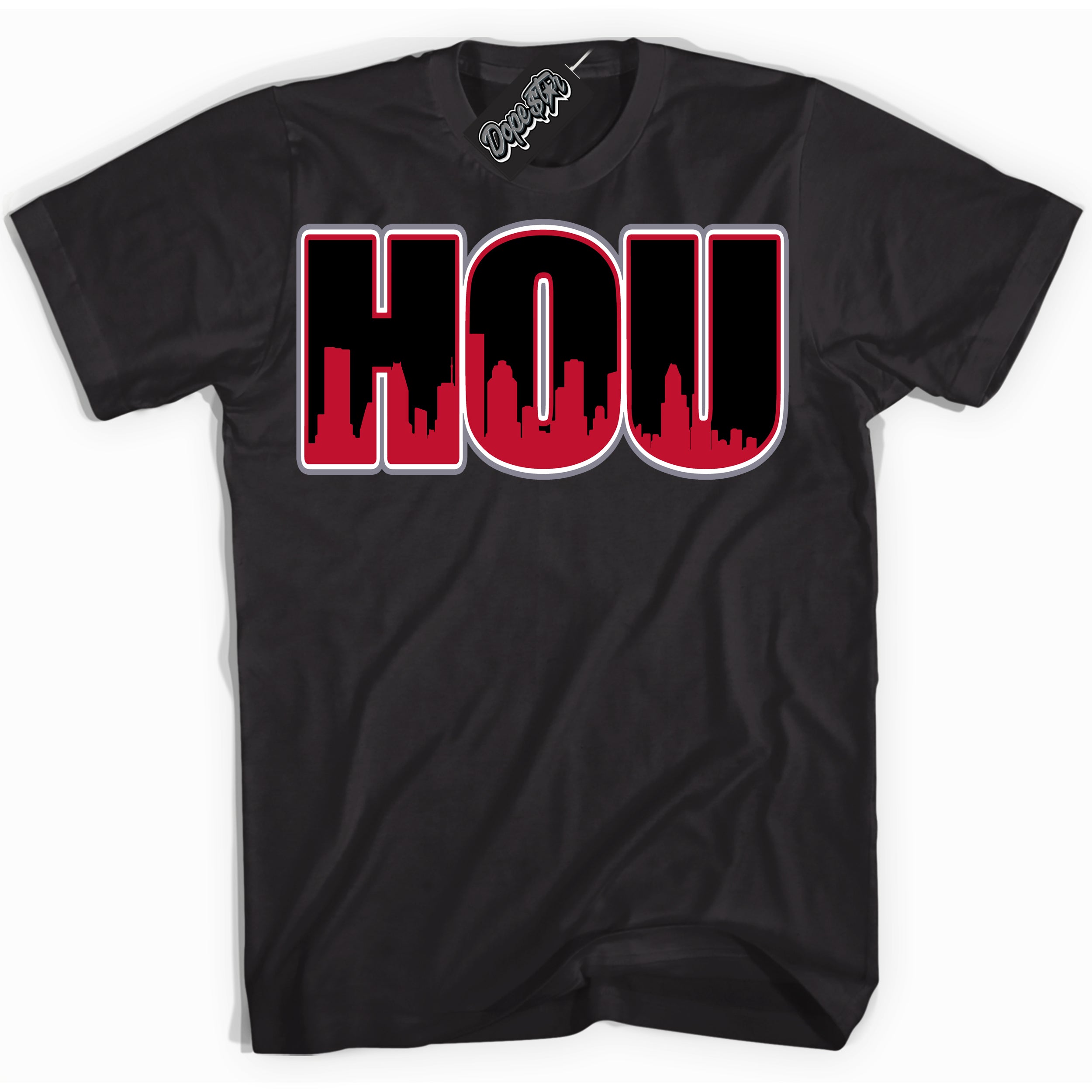 Cool Black Shirt with “ Houston ” design that perfectly matches Cement Grey Fire Red 1s Sneakers.