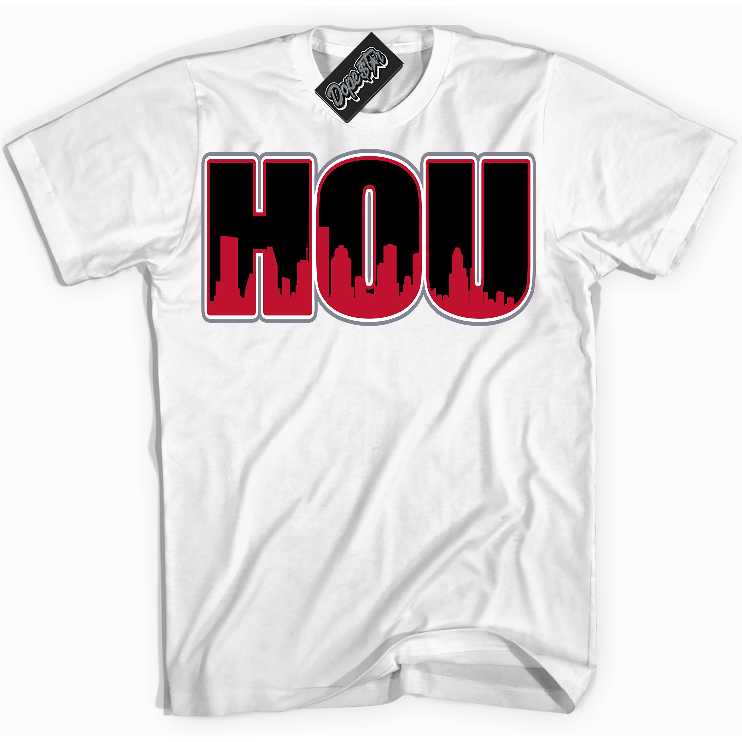 Cool White Shirt with “ Houston ” design that perfectly matches Cement Grey Fire Red 1s Sneakers.