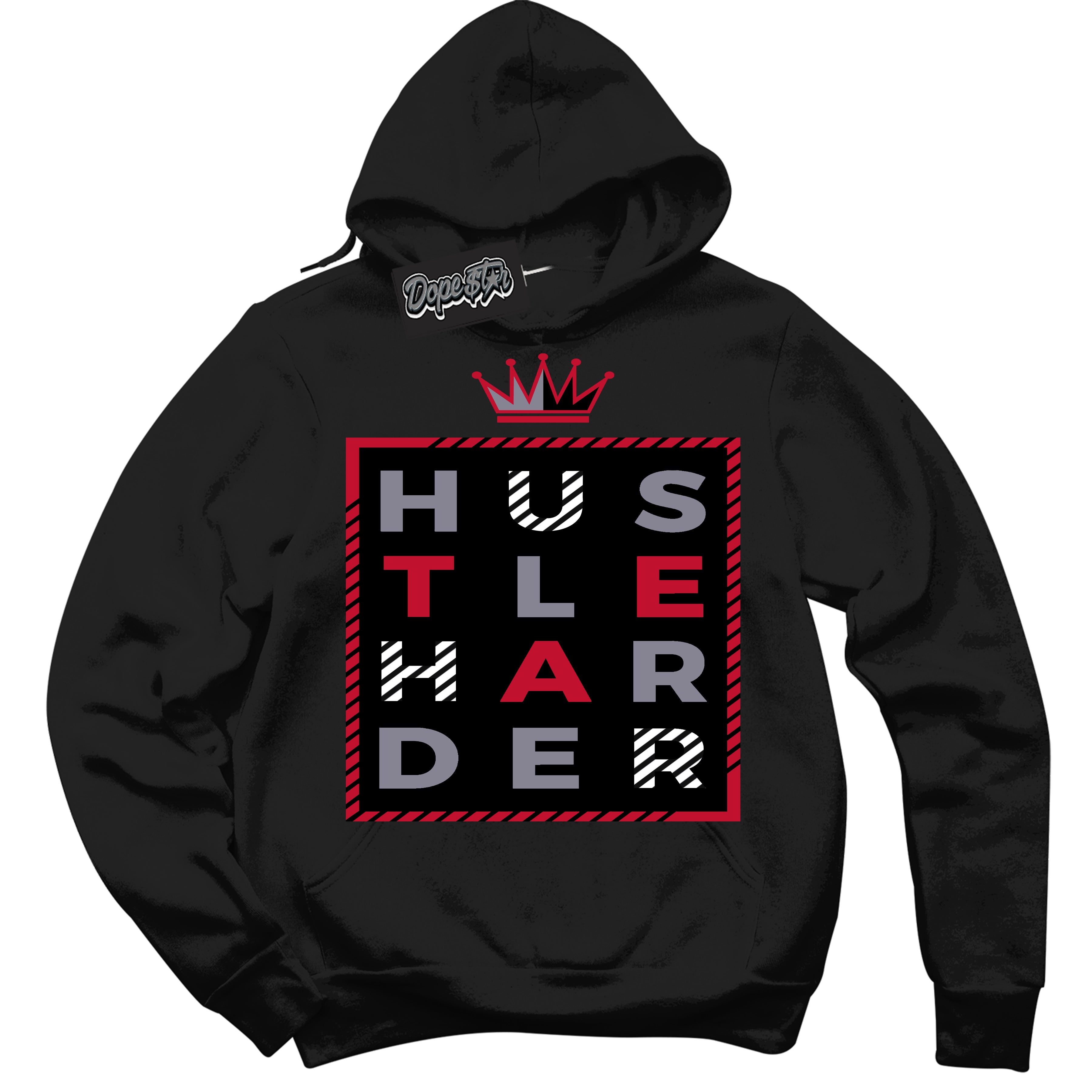 Cool Black Hoodie with “ Hustle Harder '' design that Perfectly Matches  Cement Grey Fire Red 1s Sneakers.