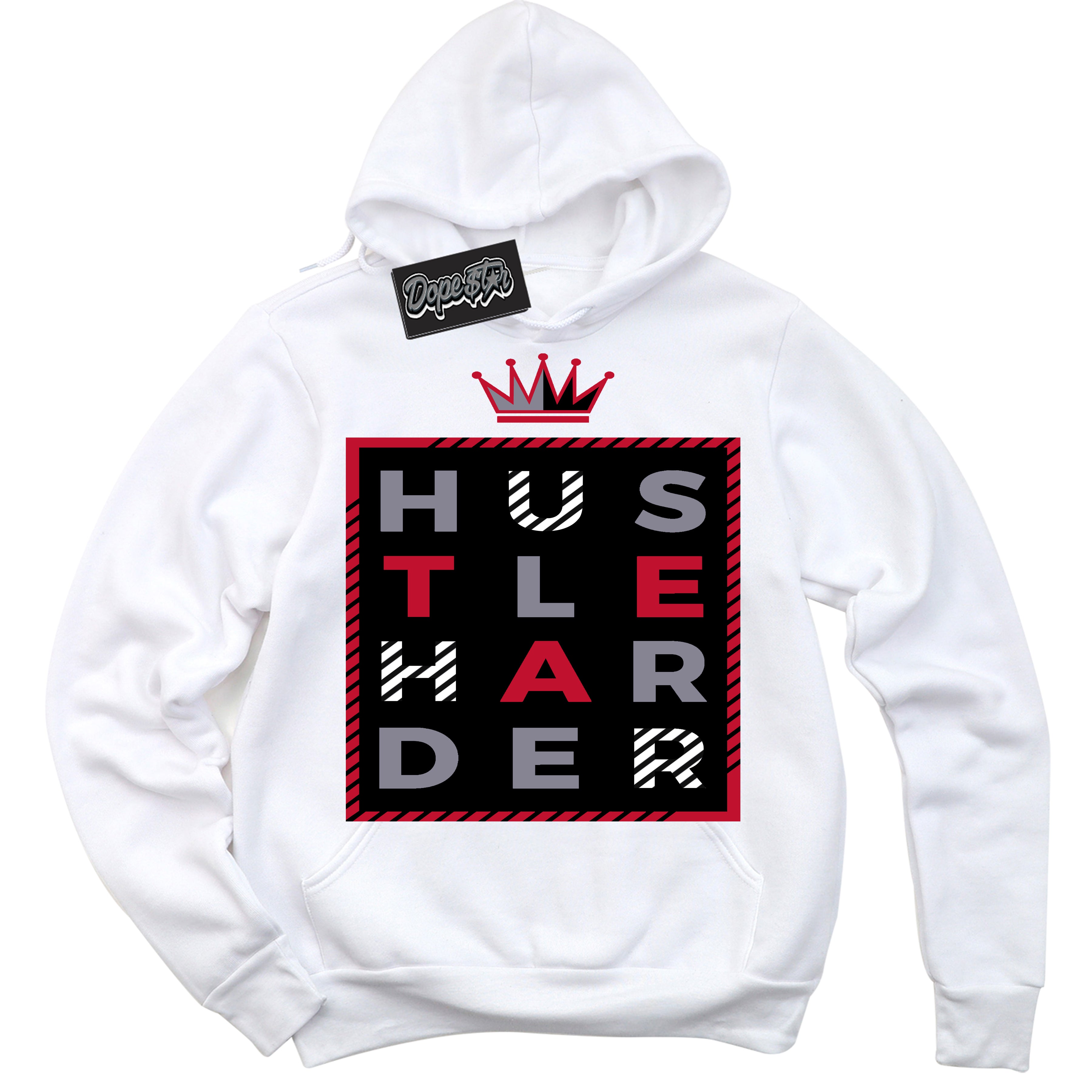 Cool White Hoodie with “ Hustle Harder '' design that Perfectly Matches  Cement Grey Fire Red 1s Sneakers.