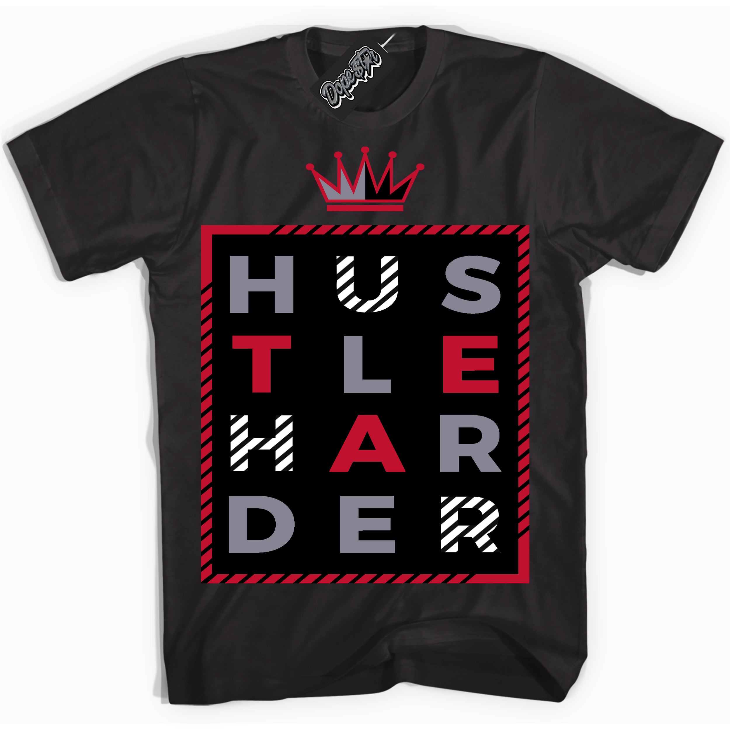 Cool Black Shirt with “ Hustle Harder ” design that perfectly matches Cement Grey Fire Red 1s Sneakers.