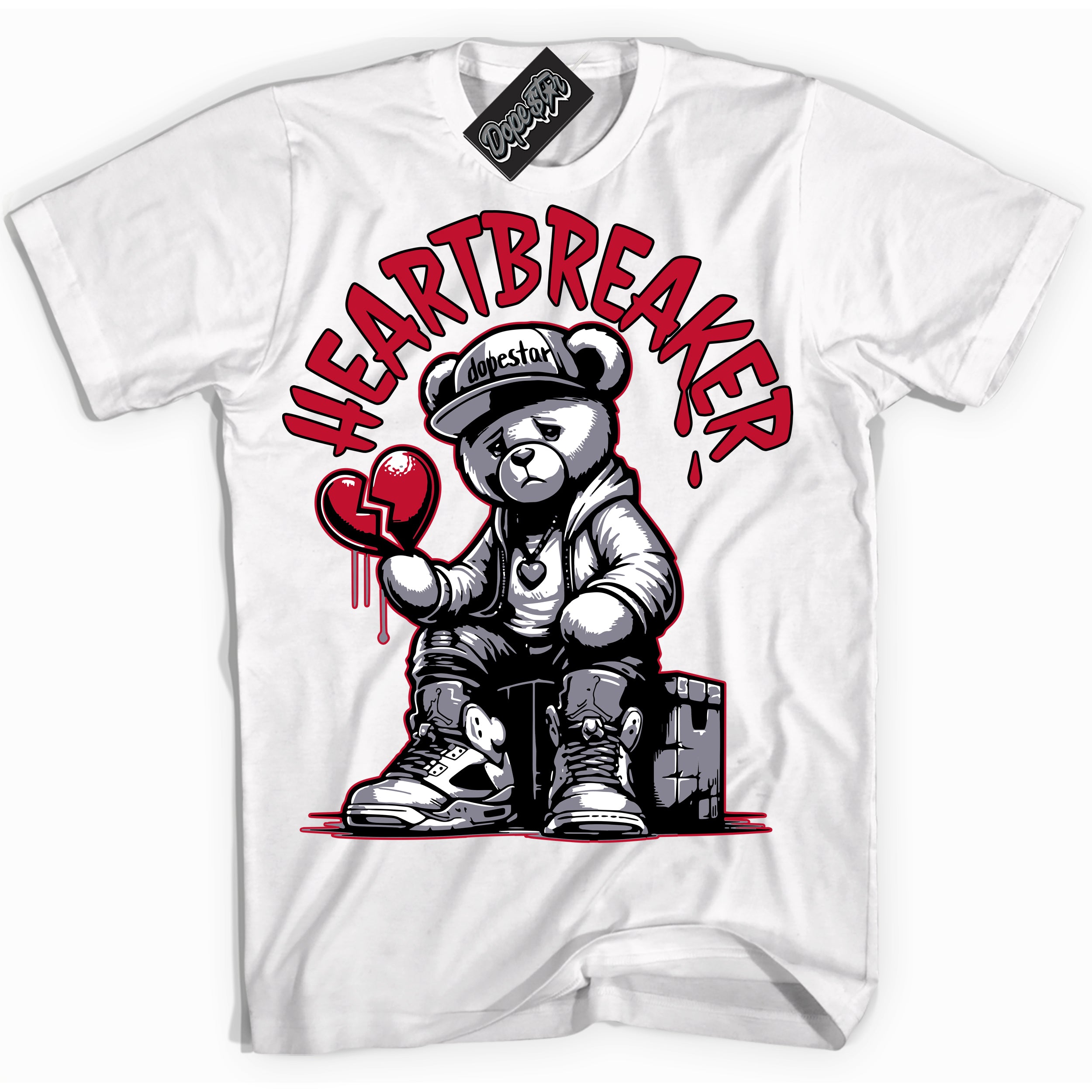 Cool White Shirt with “ Heartbreaker Bear ” design that perfectly matches Cement Grey Fire Red 1s Sneakers.