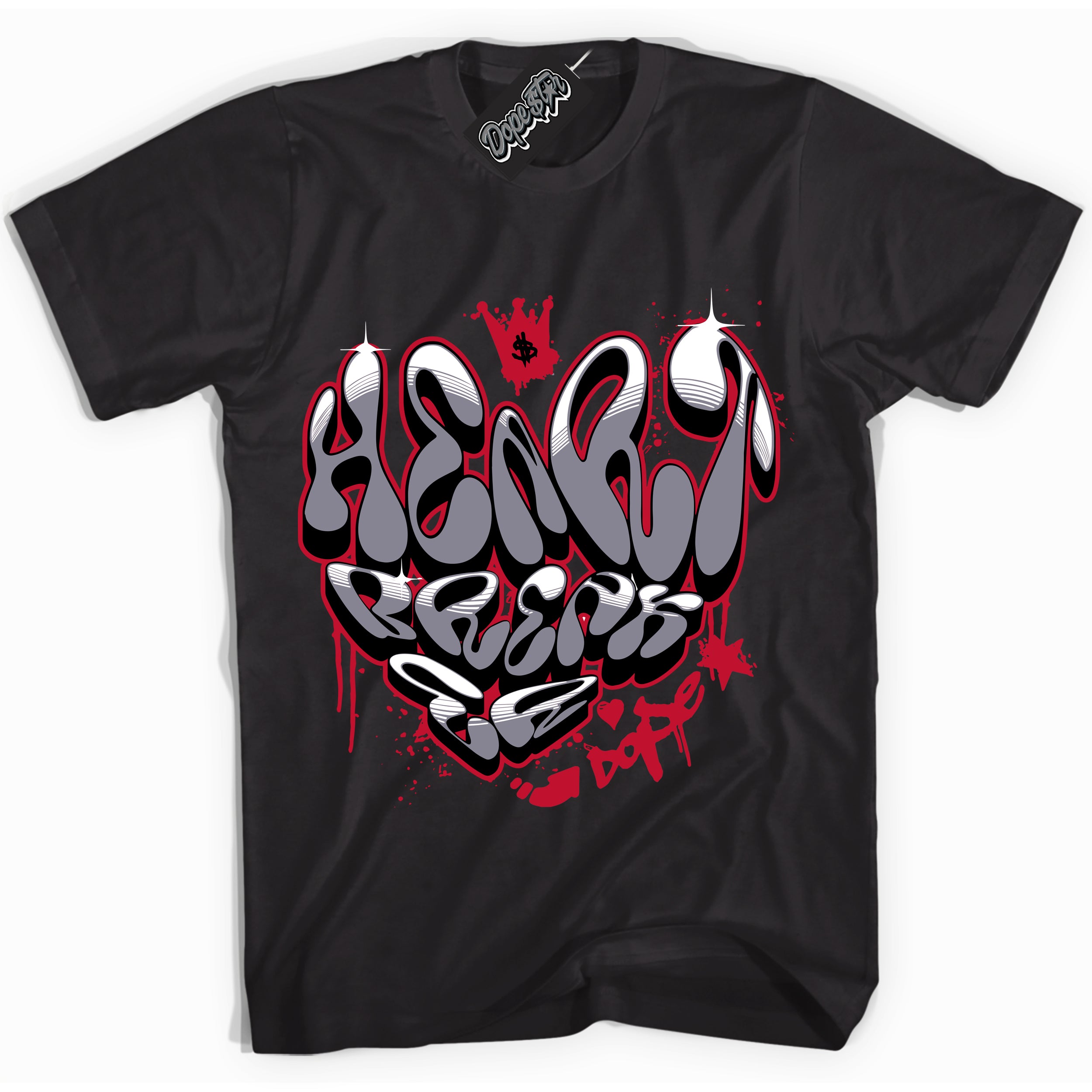 Cool Black Shirt with “ Heartbreaker Graffiti ” design that perfectly matches Cement Grey Fire Red 1s Sneakers.